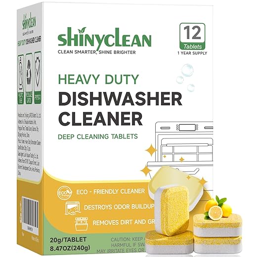 Heavy Duty Dishwasher Cleaning Tablets 12 Pack - 1 Year Supply | Natural Dishwasher Cleaner and Deodorizer | Helps Remove Limescale, Hard Water & Odor | Septic Safe, All Brands Compatible