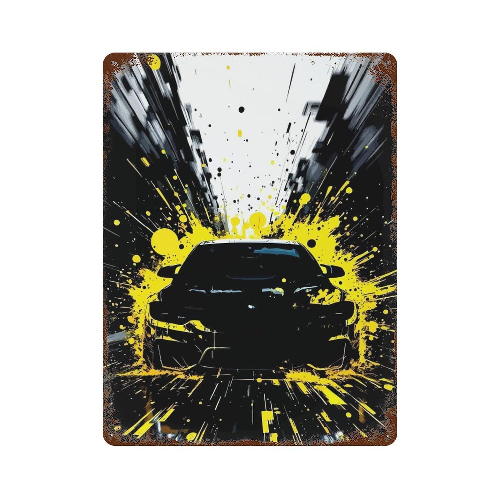 Black Car with Yellow Splatter Effect Vintage Rust Metal Sign 15.7"x11.8", for Basement, Hobby Room And Garage Decor, Farmhouse Wall Decor
