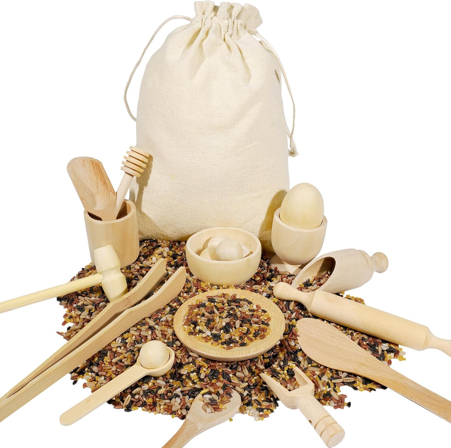 Hiawbon 25PCS Wooden Sensory Bin Tools, Wooden Tool Set, Sensory Bin Filler with Storage Bag, Bin Scoops Roller Tweezers Tongs Cups for Counting Sorting Hammering Pounding