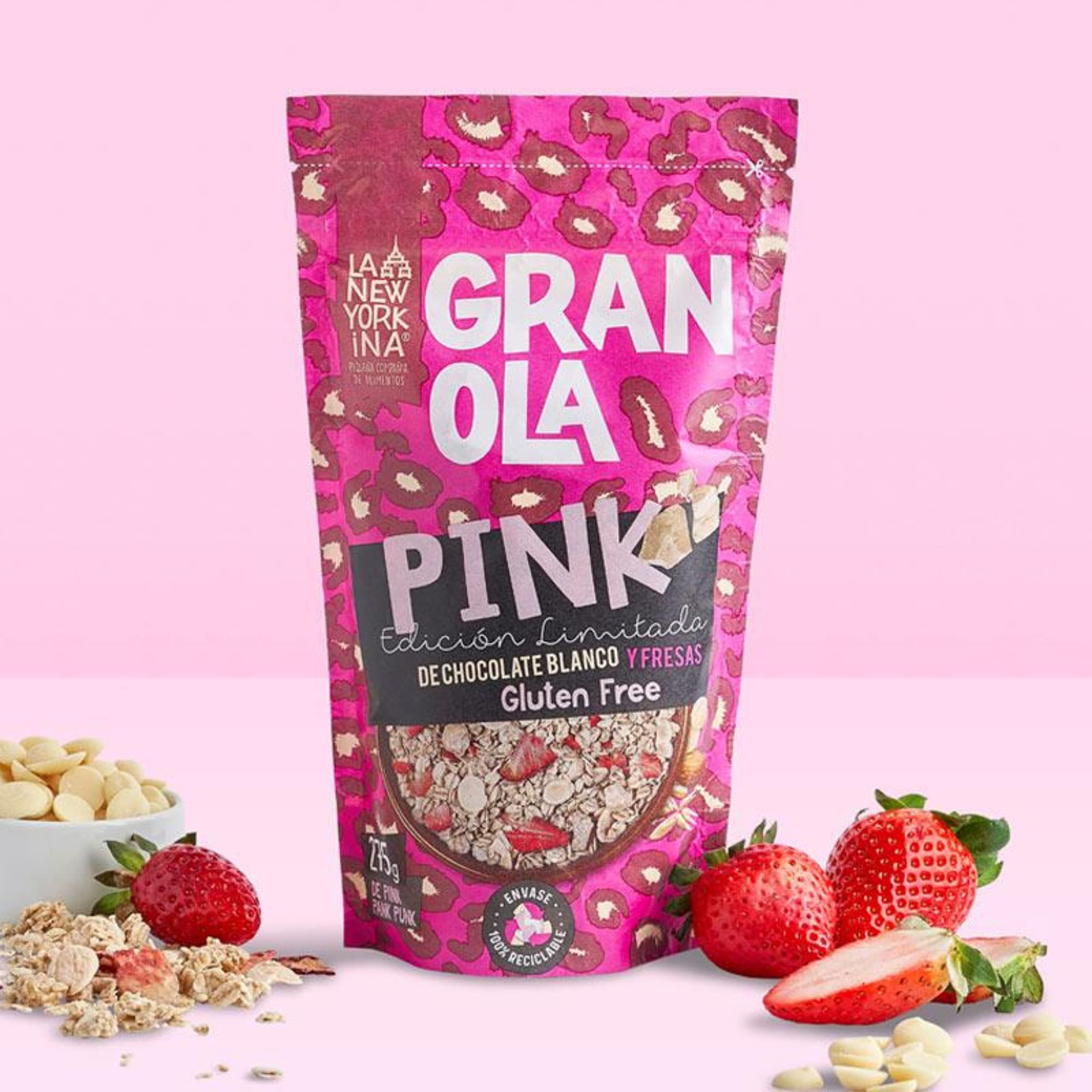 La Newyorkina Granola Sin Gluten Pink 275g Con Chocolate Blanco y Fresas