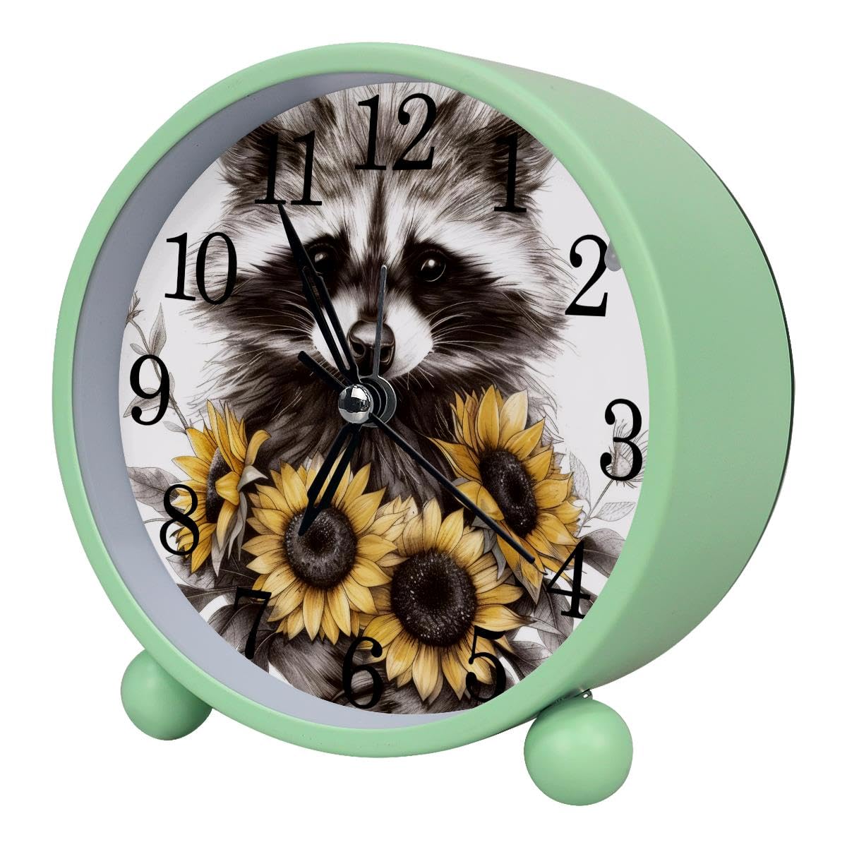 Luoweisi Alarm Clock Raccoon Sunflower, Silent Non-Ticking with Night Light