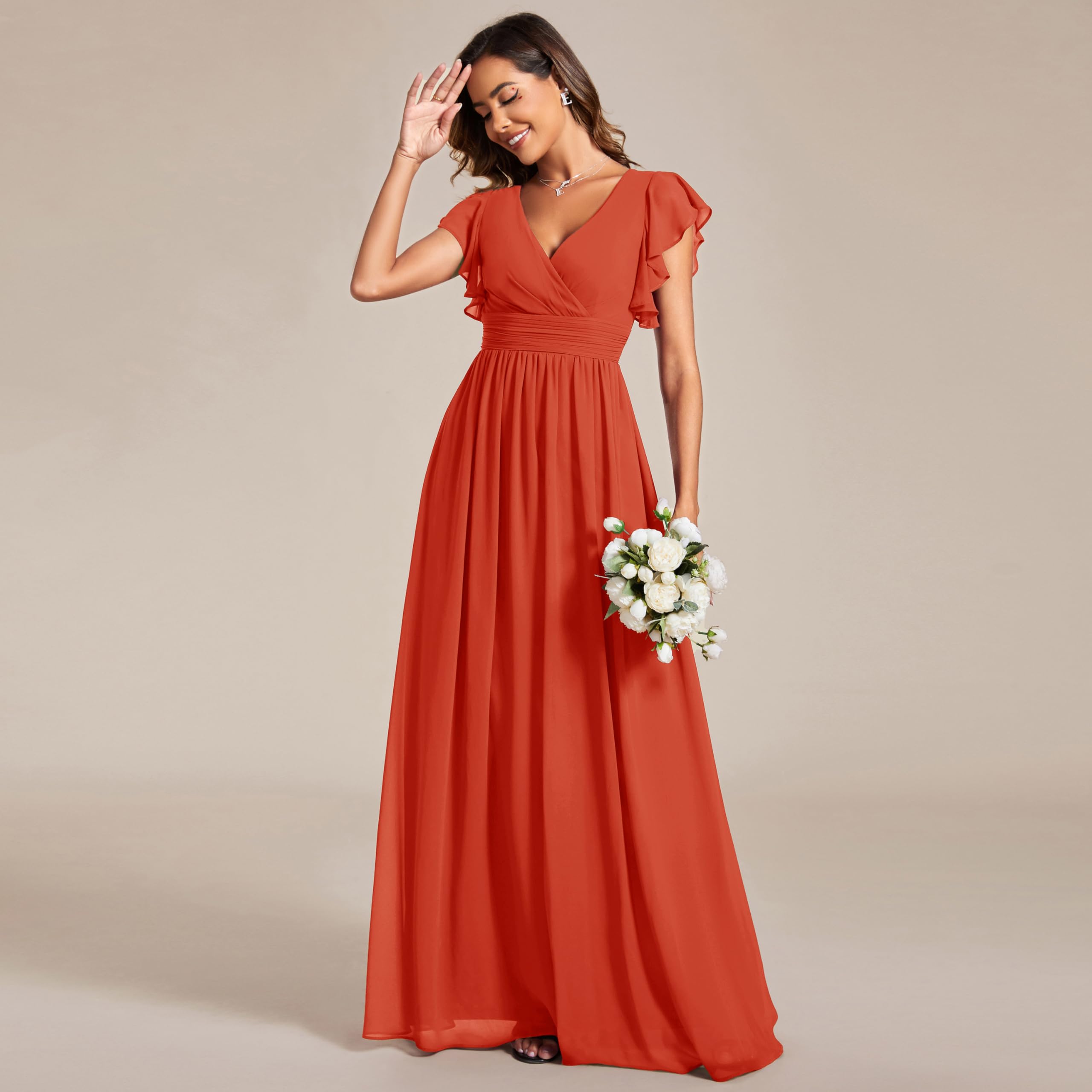 Ever-Pretty Abito Donna Sera con Schiena Scoperta Maniche Arricciati Chiffon Scollo a V Pieghe Abiti da Damigella d'Onore Elegante ES01819-P