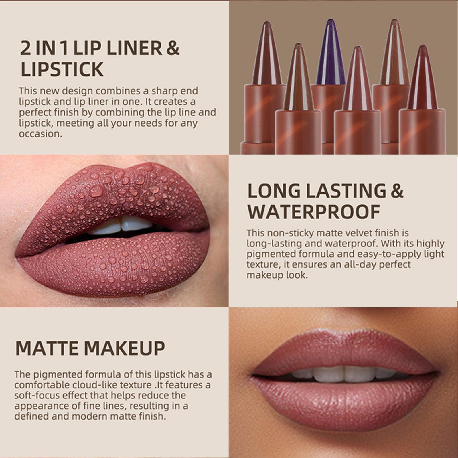 2-in-1 Matte Lip Liner & Lipstick, Nude Dark Red Lip Liner Lipstick - Image 3