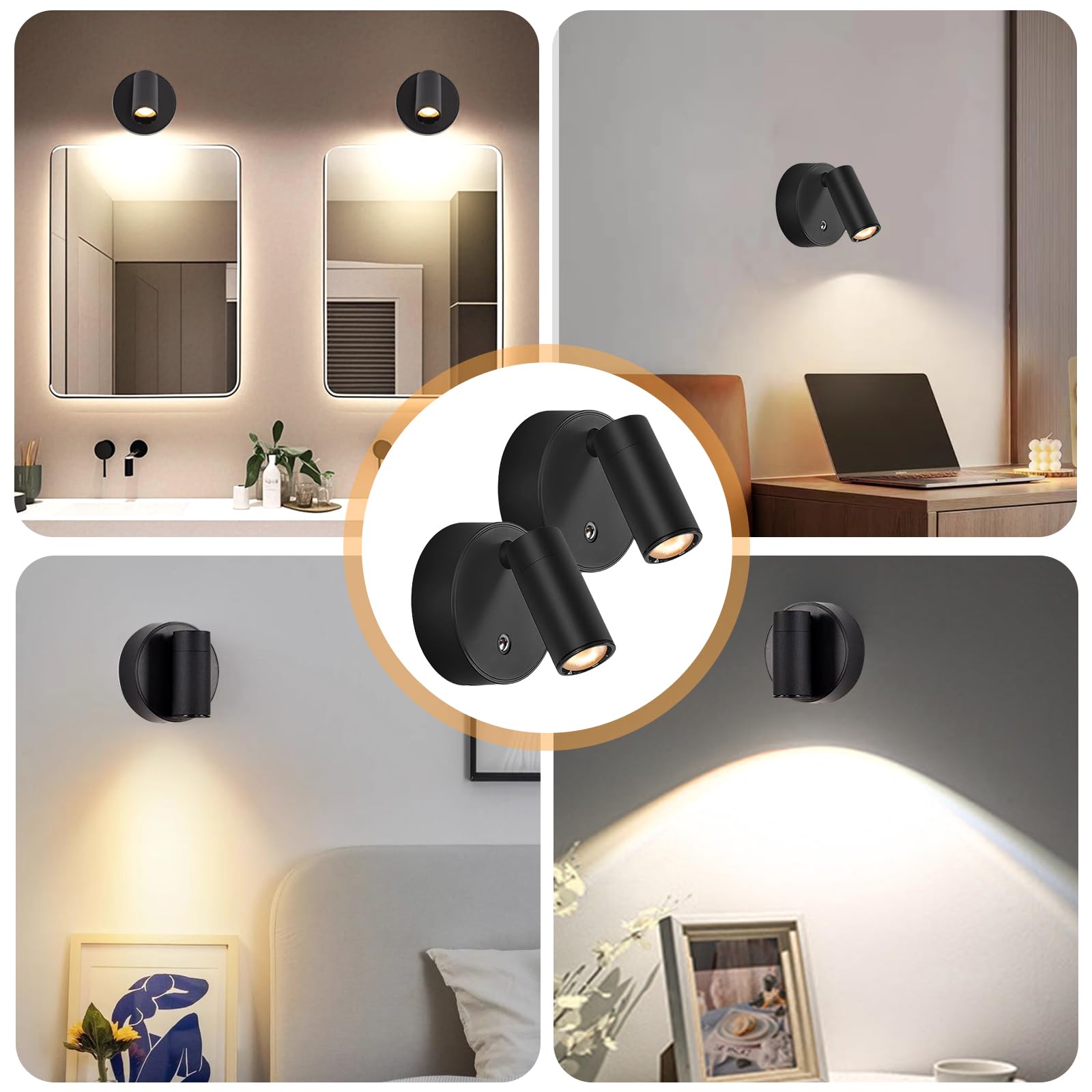 PORFOYO Applique Murale avec Interrupteur, 2 Pièces Orientable à LED Liseuse Lampe de Lecture Dimmable 3 Couleurs de Lumière Lampe de Chevet Murale Moderne pour Chambre Salon Camping