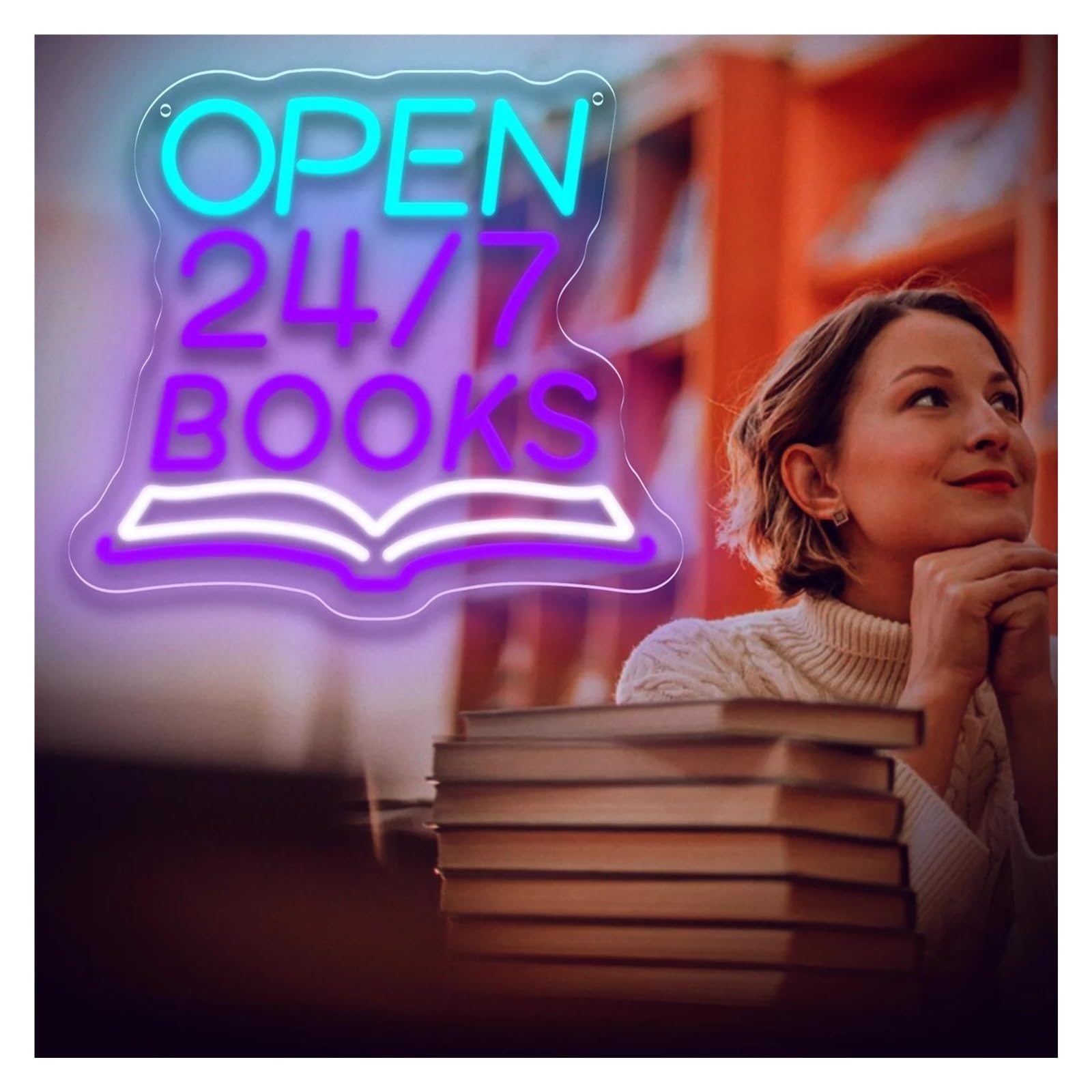 Luci al Neon Da Parete Insegna Al Neon Dimmerabile Open 24/7 Books Angolo Lettura Per Libreria, Biblioteca, Arredamento Per Caffè, Per Amanti Dei Libri, 35.5x31.8cm