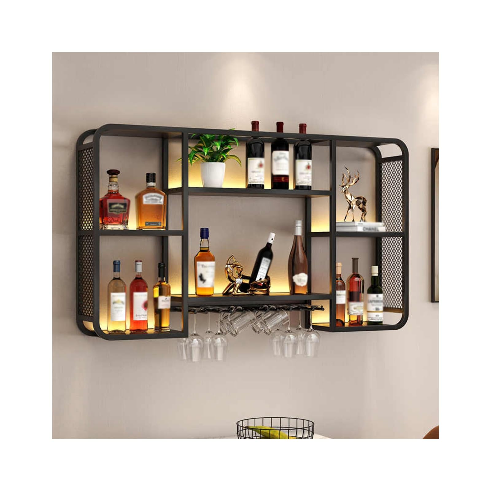 Botellero de pared con luz LED con estante para botellas de licor, ahorro de espacio, estante de pared para vino para un fácil acceso (negro, 120 cm)