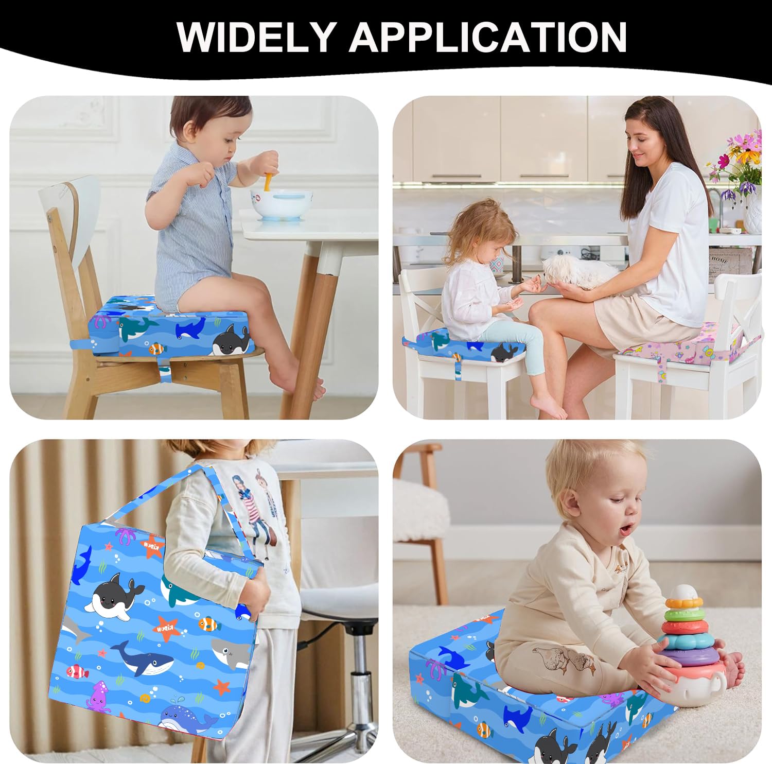 Booster Seat for Dining Table, KIDUN Portable Heightening Cushion, Washable Adjustable Booster Cushion for Kids with Safety Buckles and Non-Slip (Sea Blue)