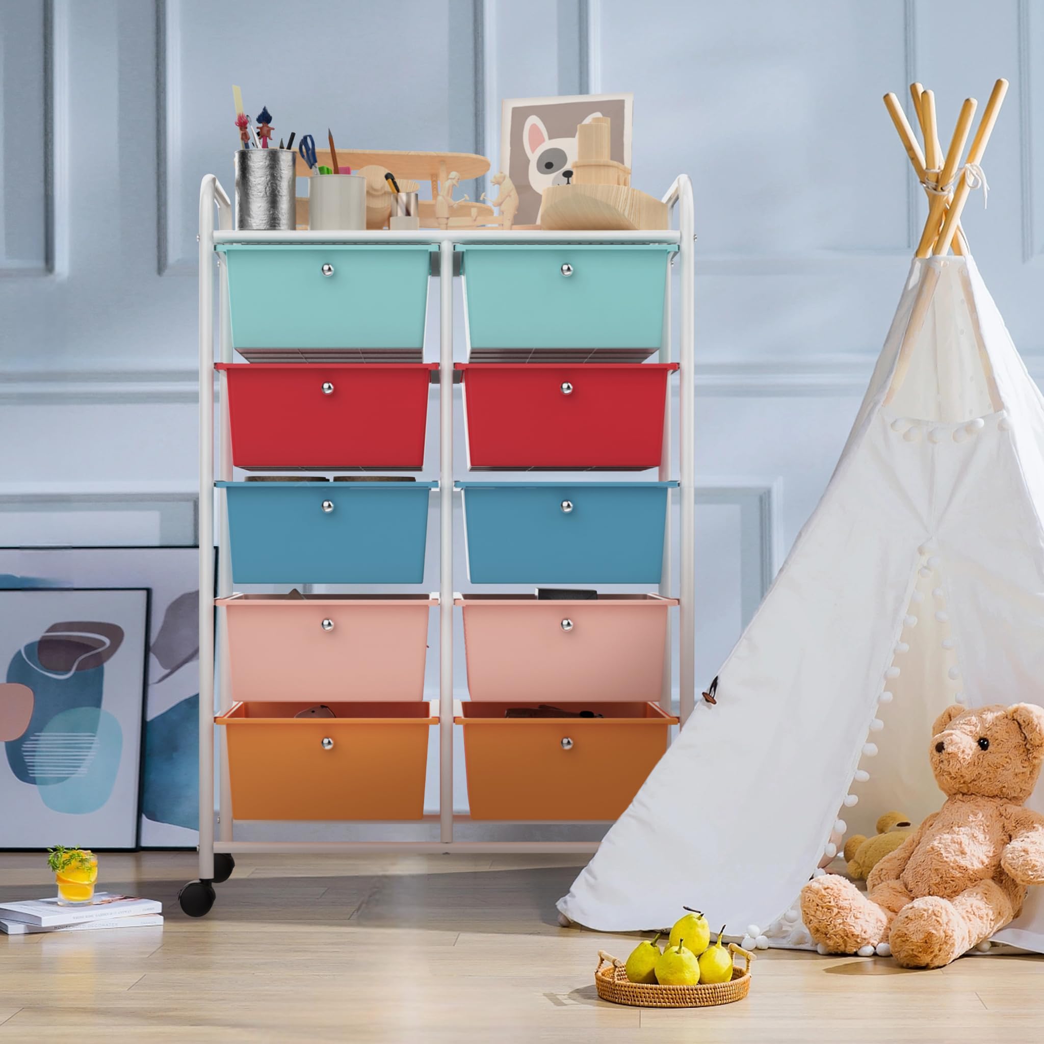 UISEBRT Chariot à roulettes avec 10 tiroirs empilables, chariot de rangement pour bureau, salon (96 x 39,5 x 66 cm)