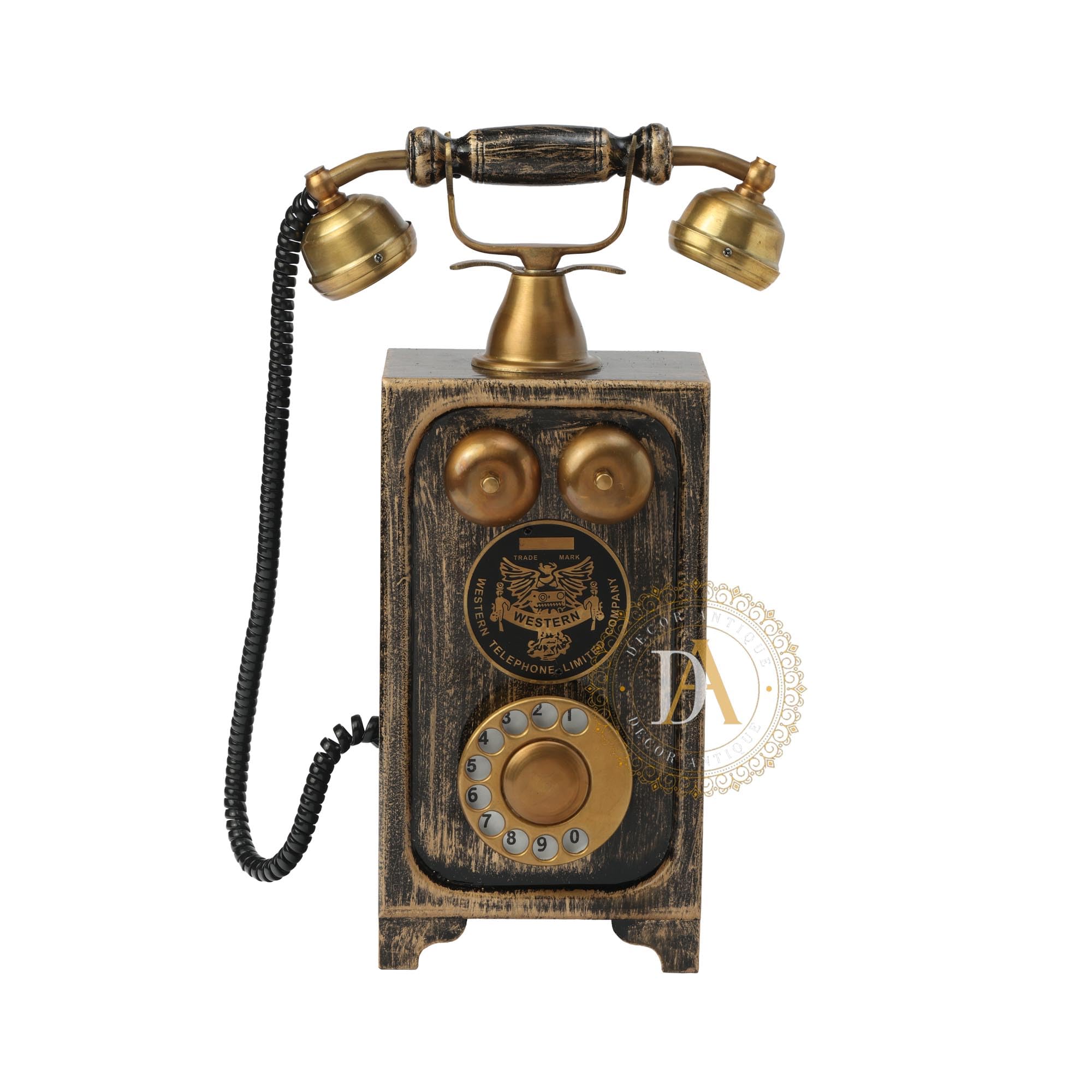 Vintage Collection Antique Dark Golden Brown Wooden Brass Decorative Rotary Dial Telephone Showpiece for Home & Office | Retro Desk Decor | Non-Functional Decorative Gift Item-image-14