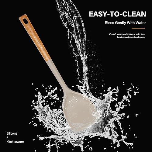 Miniatura 6 de Juego de utensilios de cocina de silicona, resistente al calor, juego de utensilios de cocina grandes con mango de madera largo, espátula de