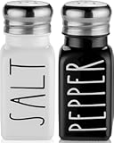 Salt and Pepper Shakers Set by Brighter Barns - Cute Modern Farmhouse Kitchen Decor for Home Restaurants Wedding - Gorgeous Vintage Glass Black White Shaker Sets with Stainless Steel Lids
