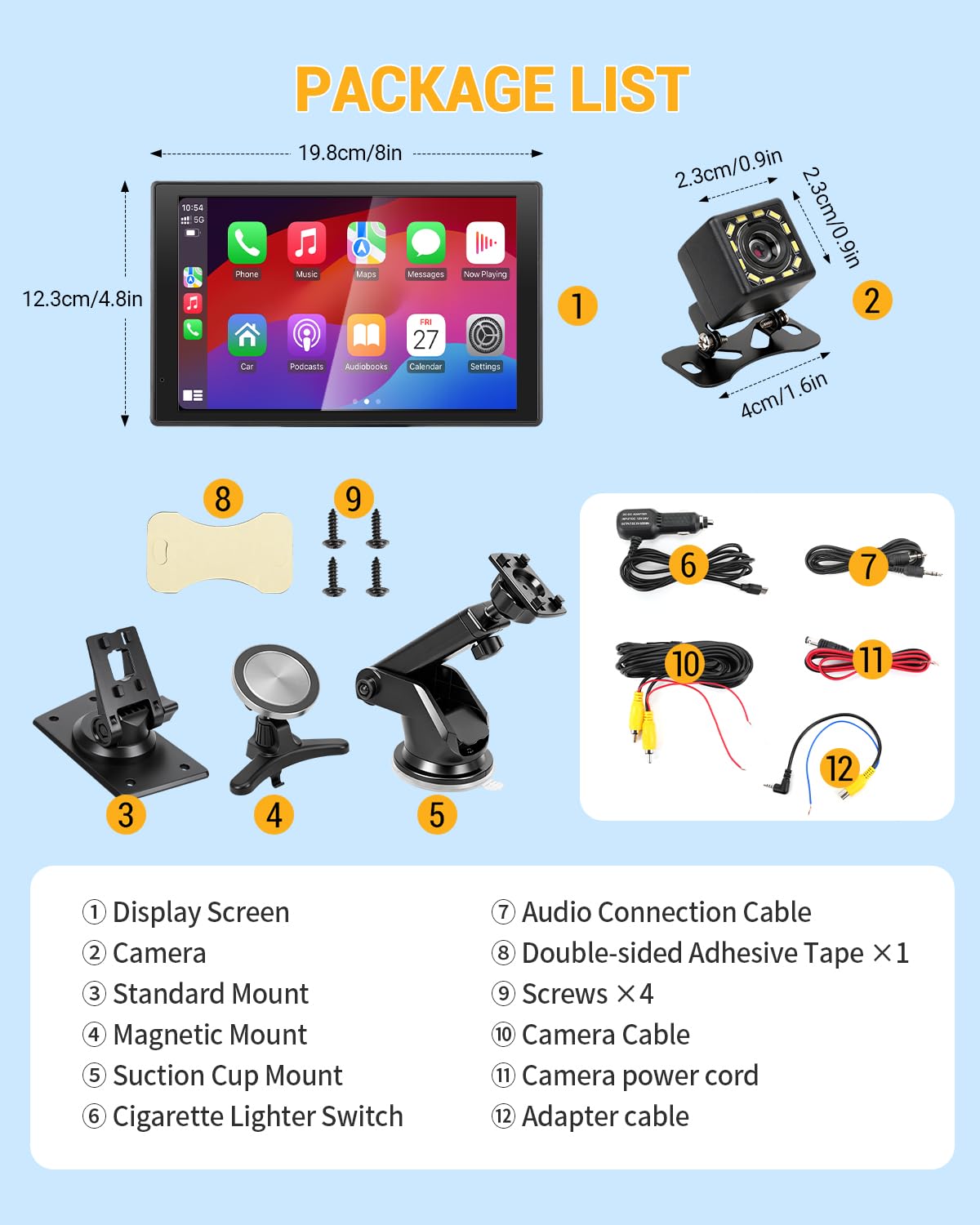 8 Pouces Carplay sans Fil Écran Carplay Voiture Android Car Play avec Camera de Recul pour Apple Ecran Tactile avec Mirror Link Navigation GPS Commande Vocale Entrée AUX FM