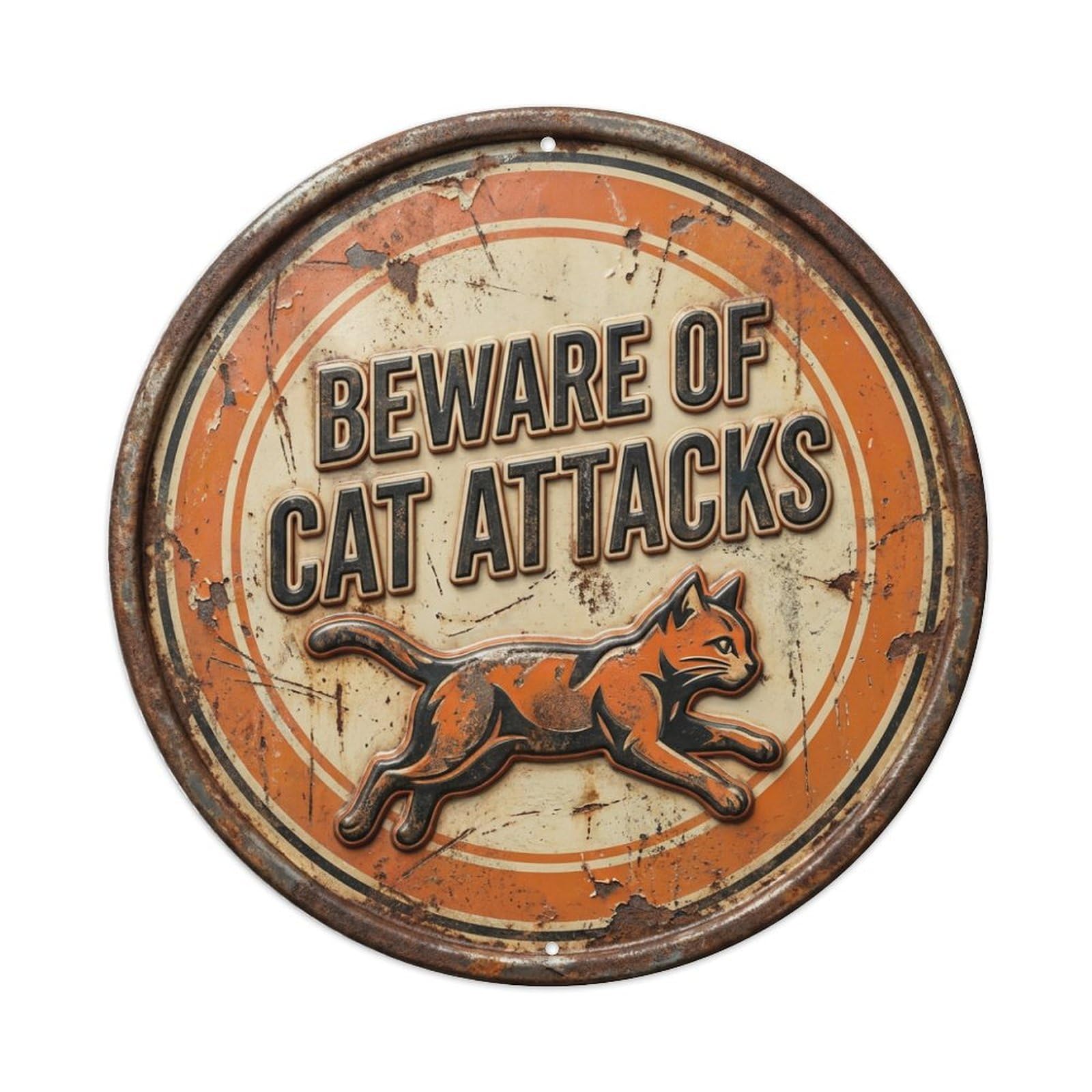 Vintage Beware Cat Attack Bedroom Metal Tin Sign Plaque Wall Decor for Cafe, Club, Garden Round Metal Poster 8x8Inch