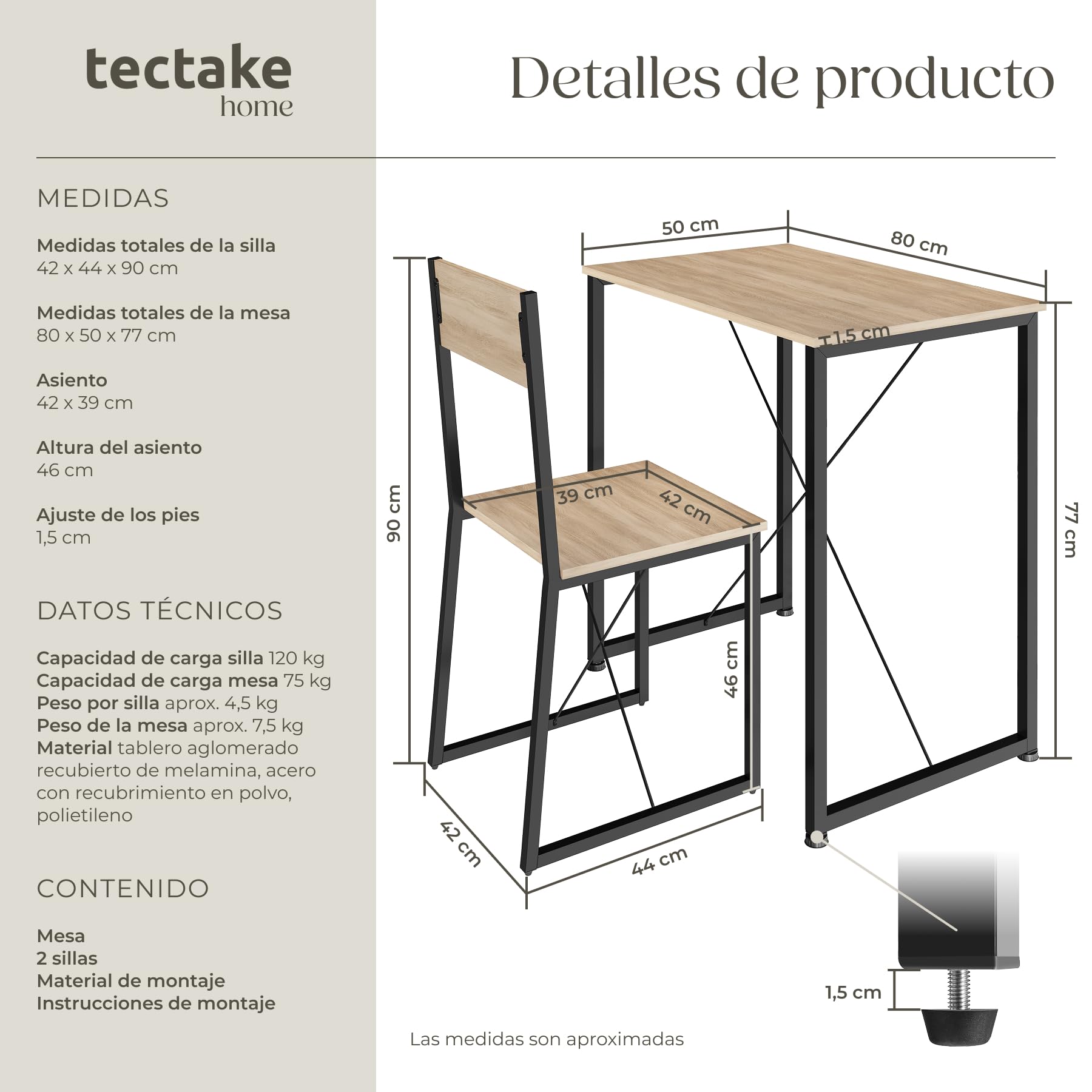 tectake Conjunto de Comedor, Juego de Dos sillas y Mesa para el salón, Conjunto de Asientos para la Cocina, Set de Muebles de Interior (Madera Industrial Clara)