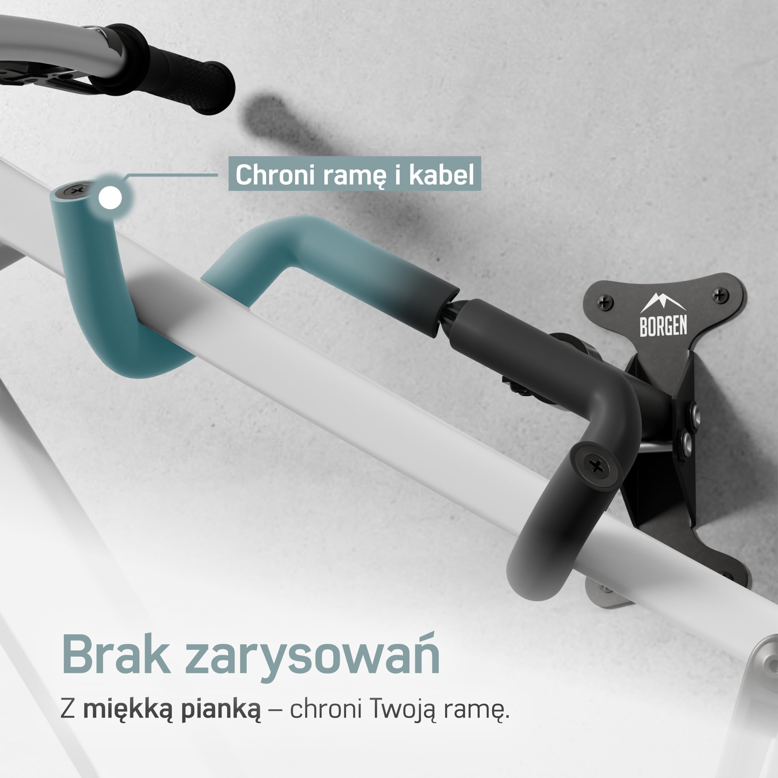 Borgen Uchwyt ścienny do rowerów Uchwyt na rower - regulacja kąta i odległości od ściany, składany, MTB, rower szosowy, uchwyt ścienny na rower - dodatkowa miękka podkładka.