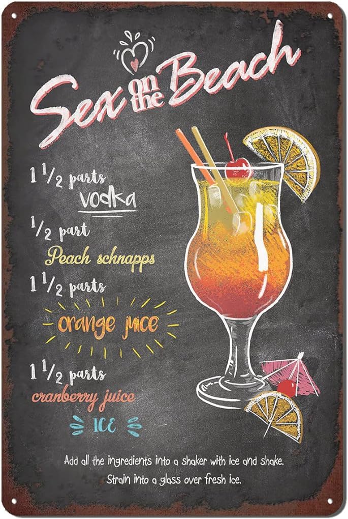 Ahee Cocktail Tin Sign, Vintage Cocktail Recipes Metal Sign, Bar Signs For Home Bar Wall Decor 12 X 8 Inch - Sex On The Beach