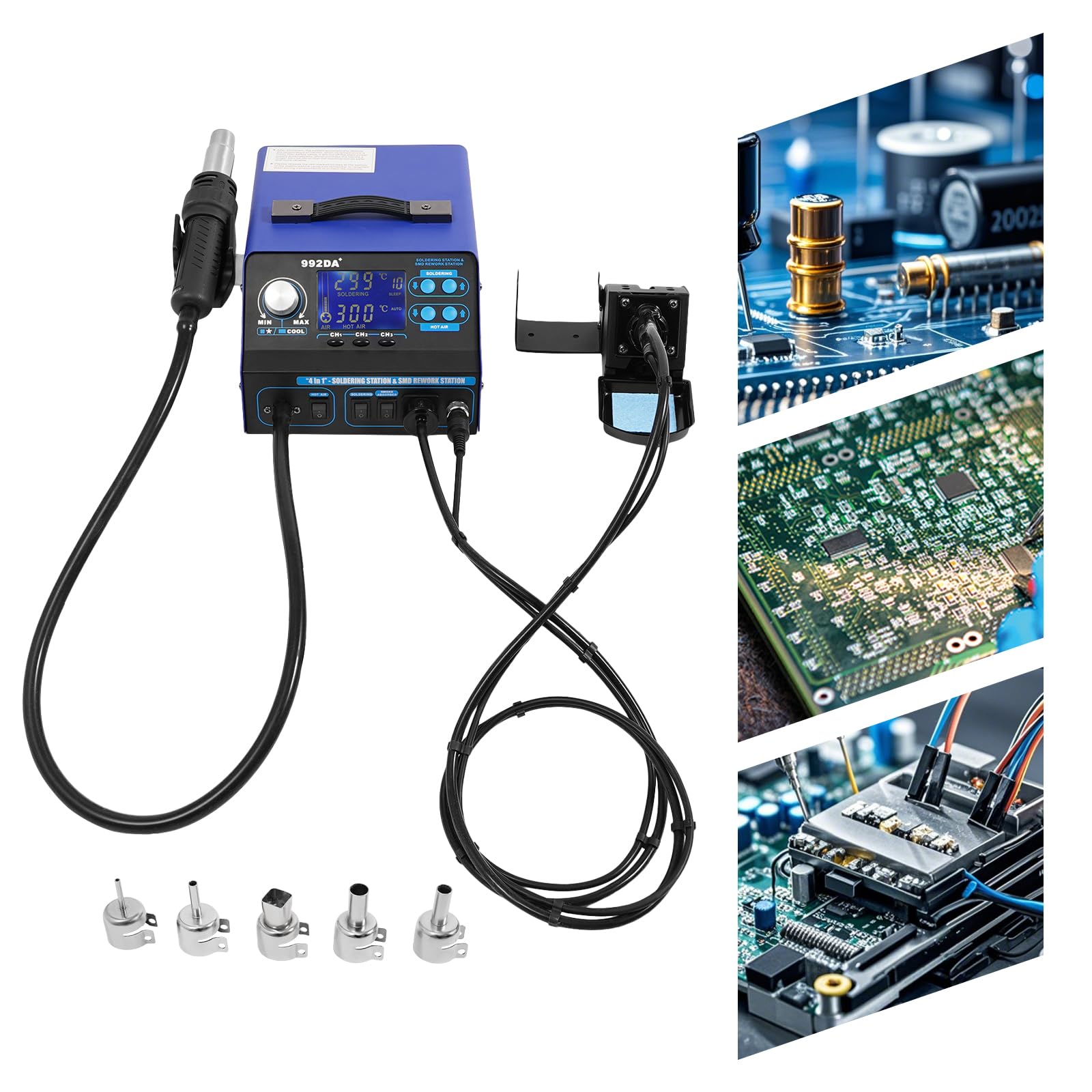 Hot Air Rework Soldering Station, with Detachable Soldering Heat Gun, 4 in 1 BGA Rework Soldering Station SMD Hot Air gun Solder Pen, Digital LED Display, Adjustable Temperature 32-104?