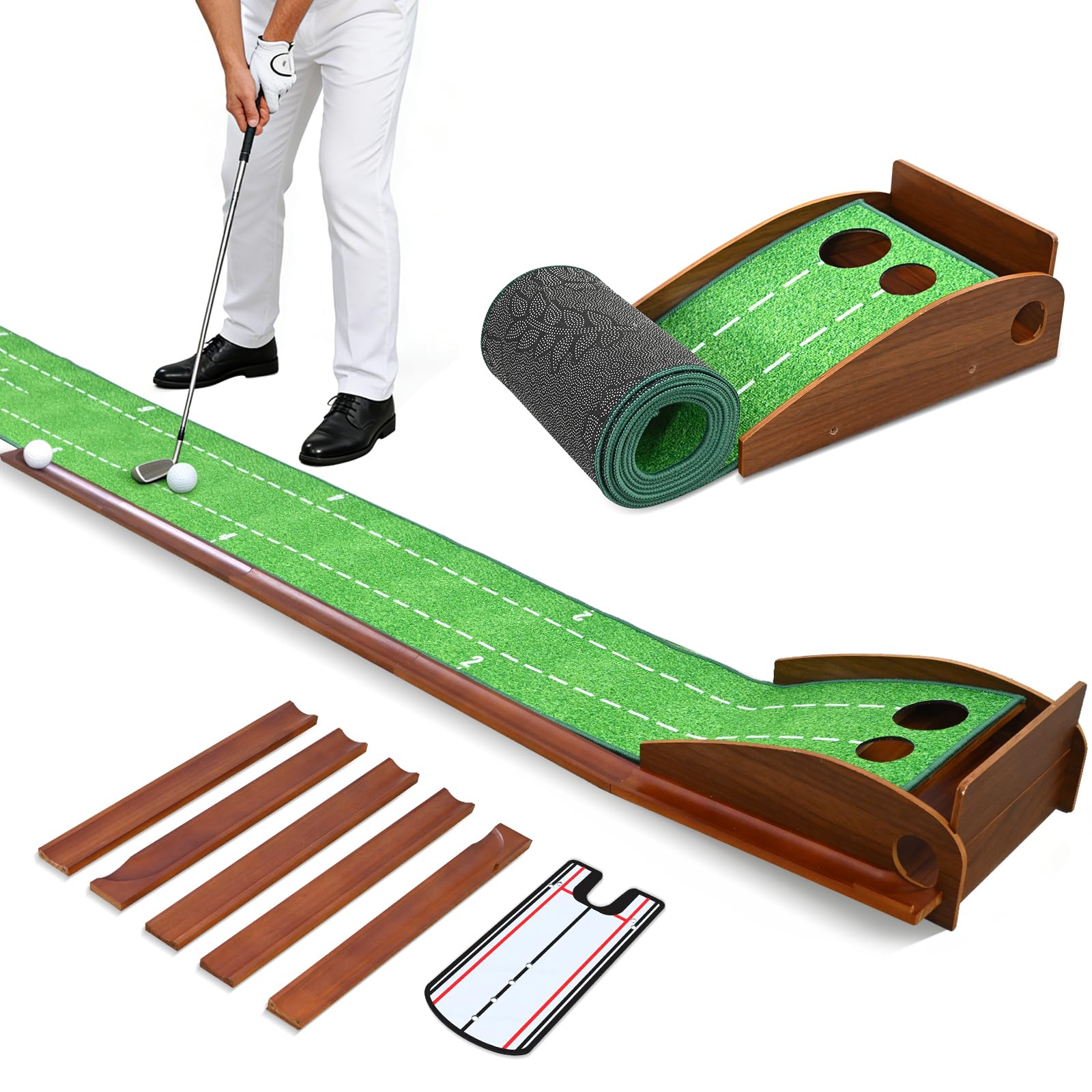 Esterilla de golf con rebobinado automático de bolas y riel de madera, Putting Green Indoor con espejo de putt & 2 agujeros, mini golf para el hogar, alfombra de golf plegable para oficina/jardín