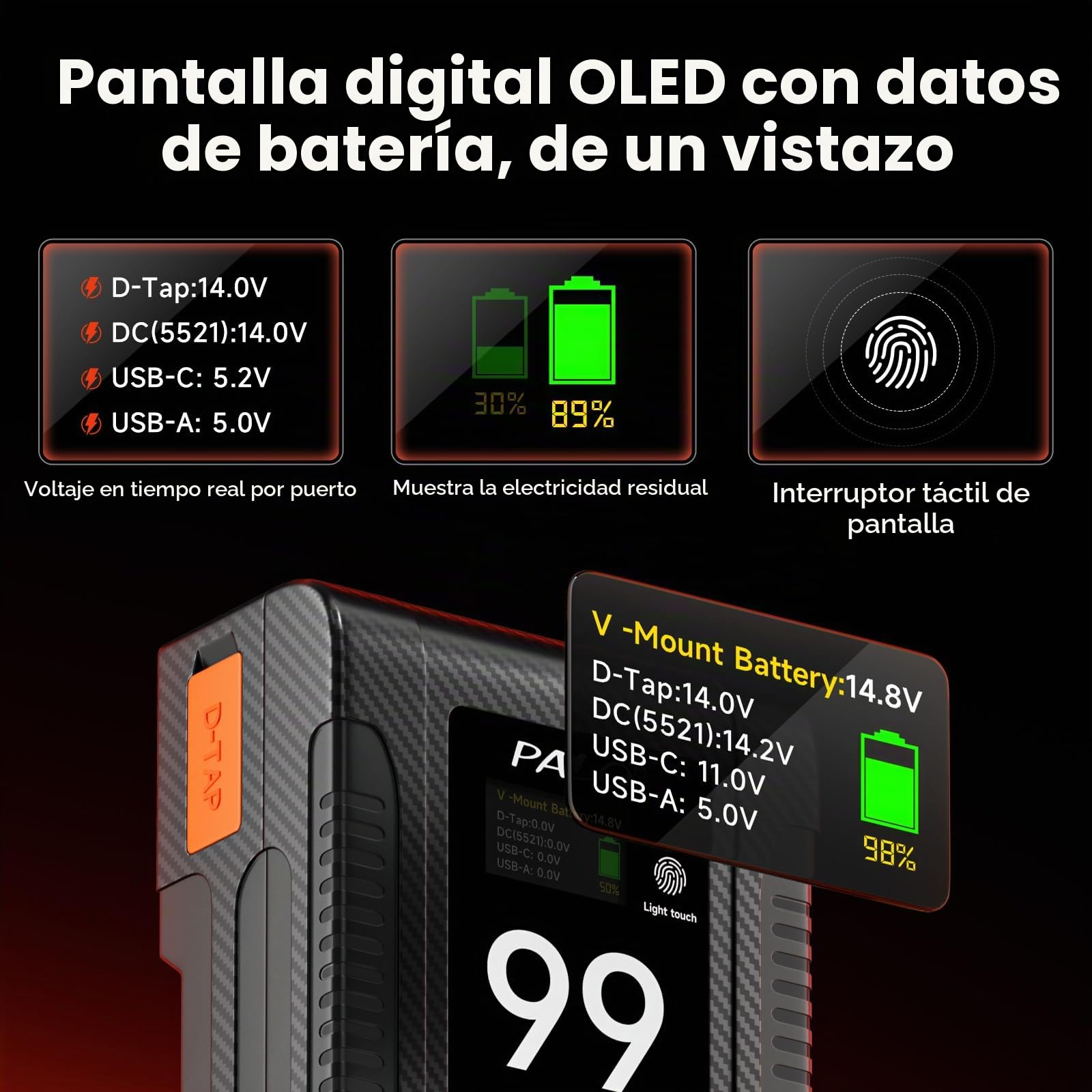 Batería V-Mount 99Wh 6700mA 14.8V, PD65W USB-C Battery V-Mount Carga rápida con Pantalla OLED, USB-C/BP/Dual D-Tap (Entrada/Salida), Salida DC/USB-A (PD65W) para cámara videocámara