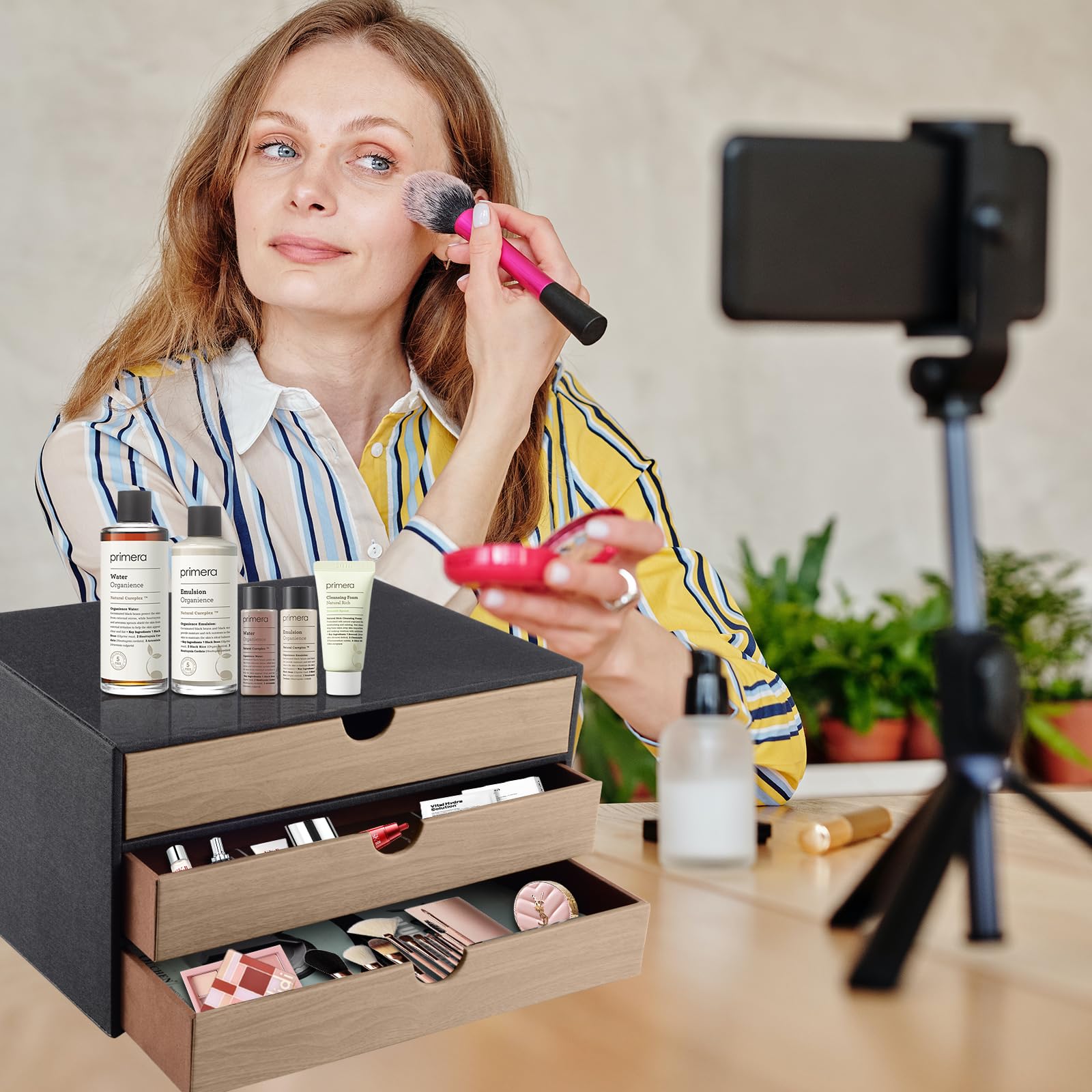 Boîte à tiroirs de bureau avec 3 compartiments A4 fermés, en cuir PU, organisateur de bijoux, organisateur de cosmétiques, ouverture en forme de U, coutures cousues à la main (noir)