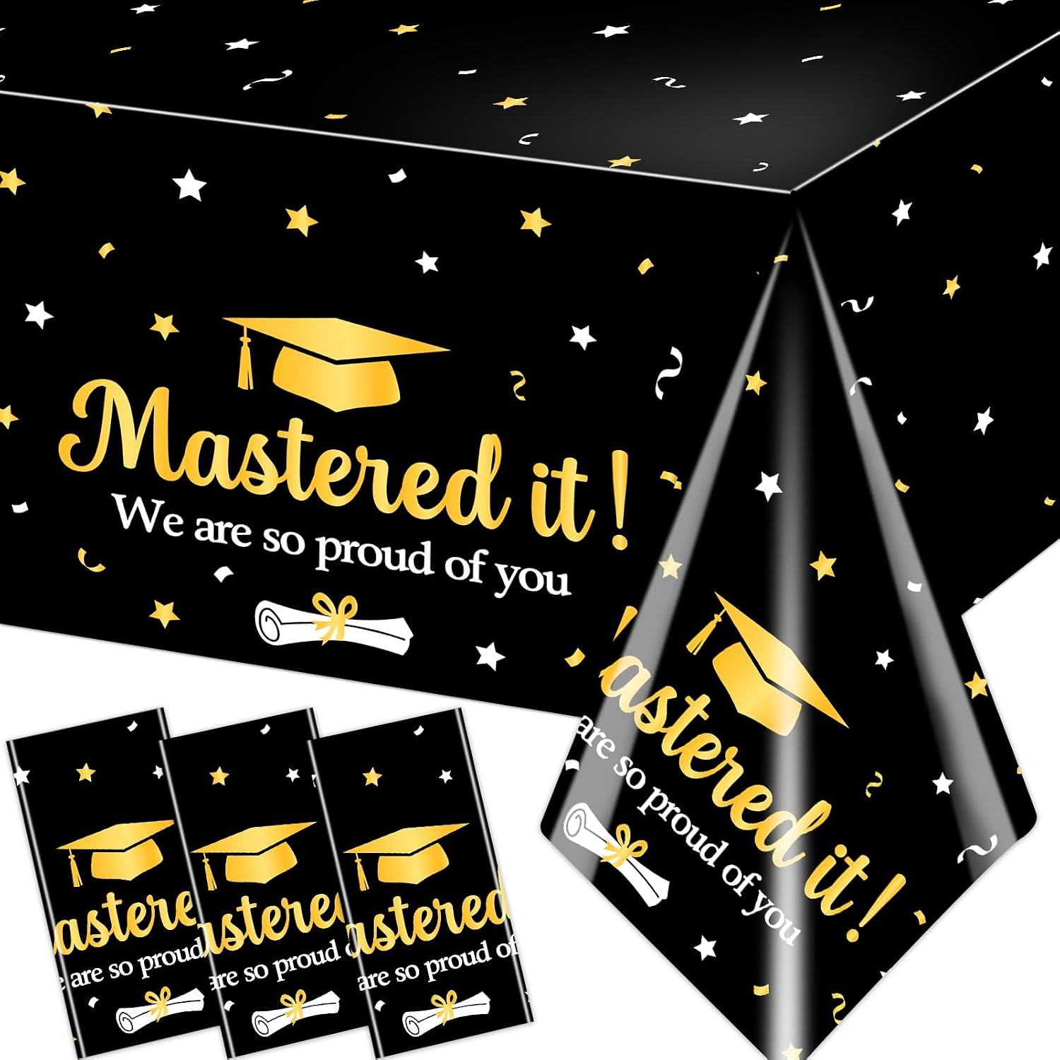 Graduation Decorations 2026 Black Gold Mastered it Tablecloth 3pcs Class of 2026 Plastic Table Covers for Master College High School Graduation Party Supplies