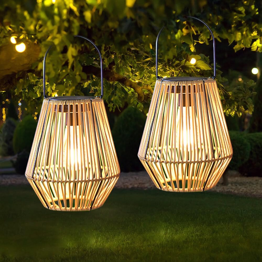 Lanterna Solare per Esterni, 2 Pezzi Lanterna Solare Rattan, LanternaSolare da Esterno Rattan, IP65 Impermeabile Lanterna SolareEsterno per balcone, terrazza, decorazione del Giardino