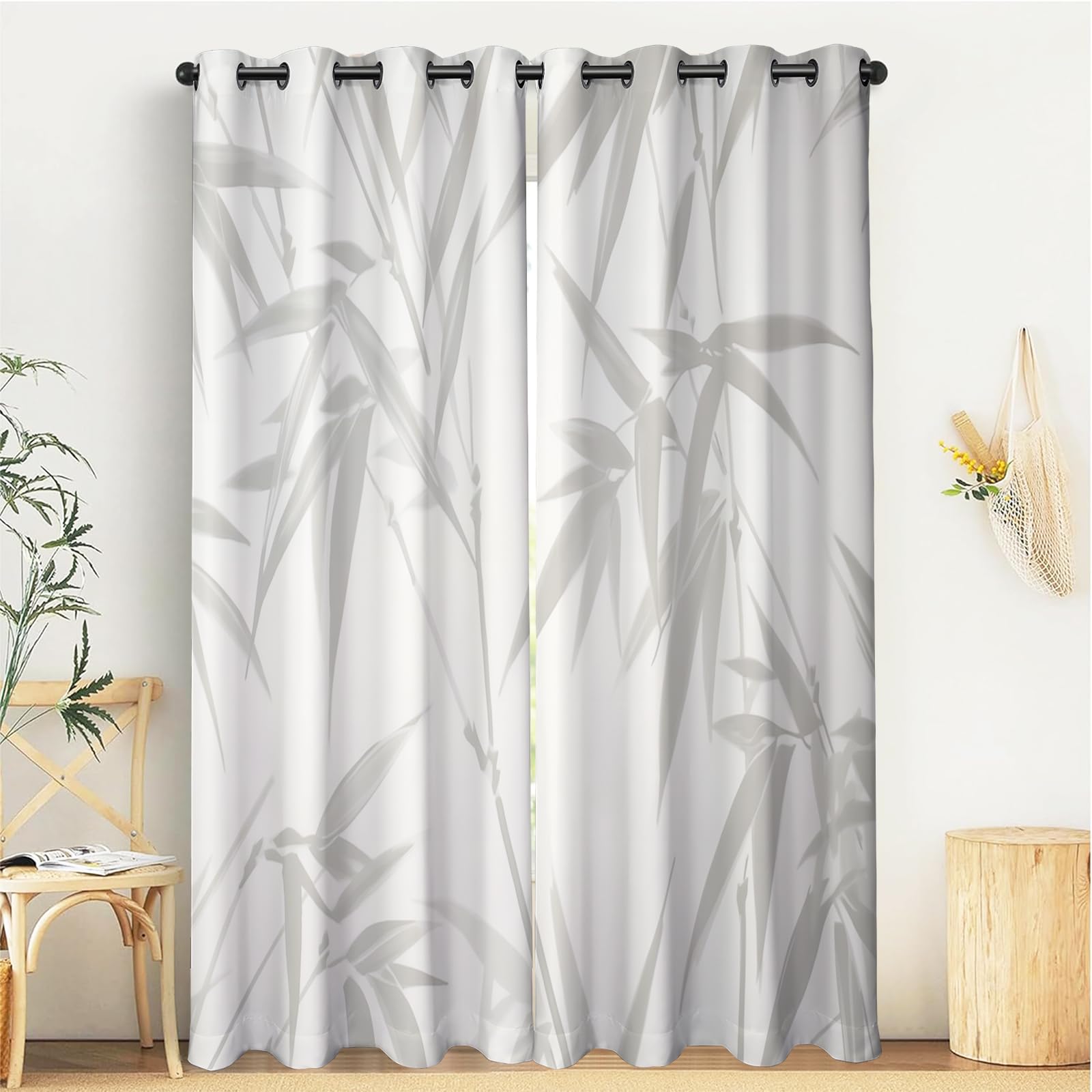 Tenda Oscuranti Bianco Foglie Della Foresta Di Bambù Tende Stampate In 3D Con Passanti Piante Naturali Camera Da Letto Cucina Soggiorno Balcone Decorazione Da Finestre,140L X 160A Cm
