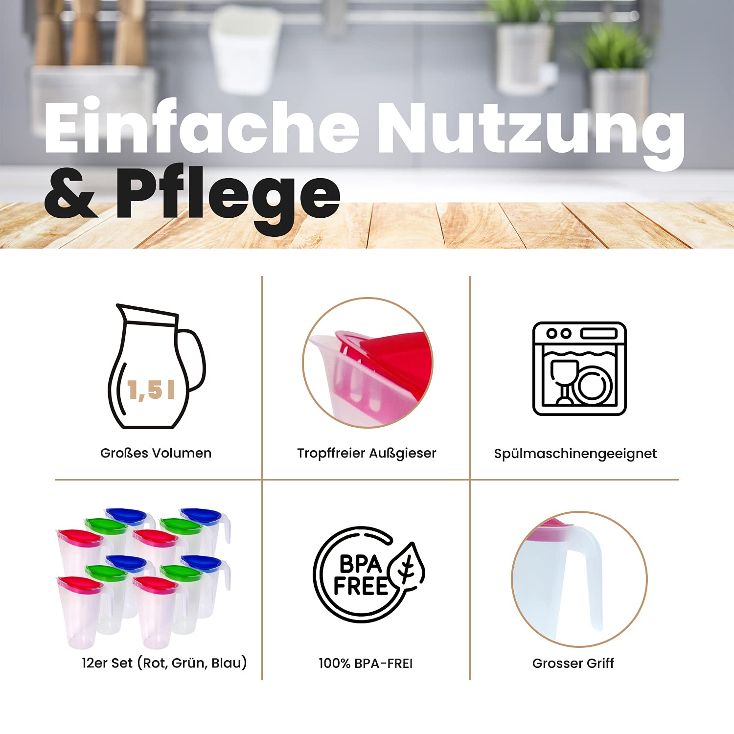 Home Line Saftkanne 1,7 L - Wasserkanne mit festsitzendem Deckel - Getränkekanne mit tropffreiem Außgieser - Wasserkaraffe Kühlschrankkrug Saftspender (12er Set (blau, grün, rot))