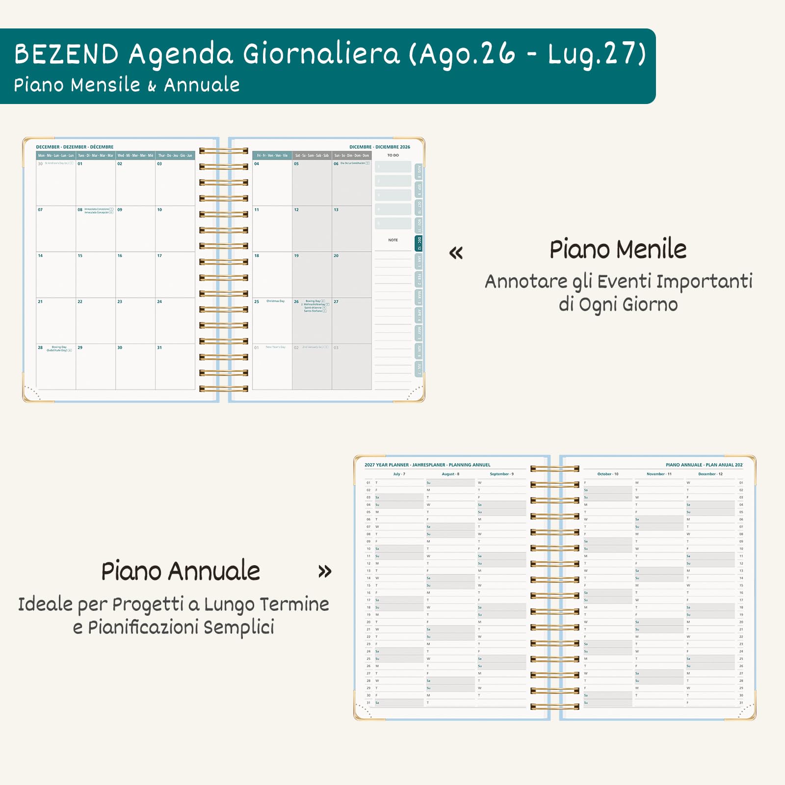 BEZEND Agenda 2026 2027 Giornaliera A5 Spirale, 12 Mesi da Ago.26 a Lug.27, Design Floreale, Diario Scuola 21 x 15,5 cm, Intervalli di 30 Minuti, Copertina Rigida, Grigio-blu