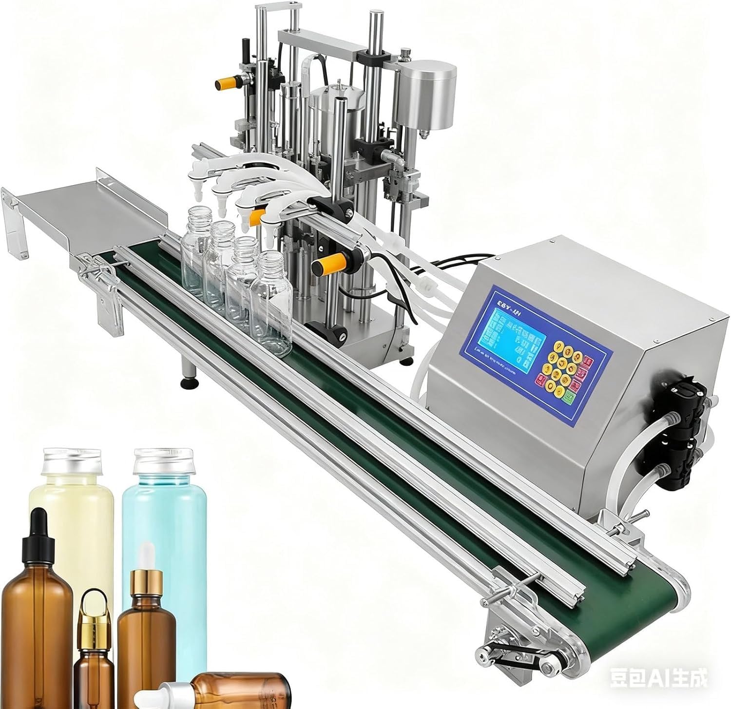 4 Head Liquid Filling Machine Automatic Bottle Filler Bottling Digital Control with Belt Conveyor, Diaphragm Pump for Wine, Essence, Glass Detergent