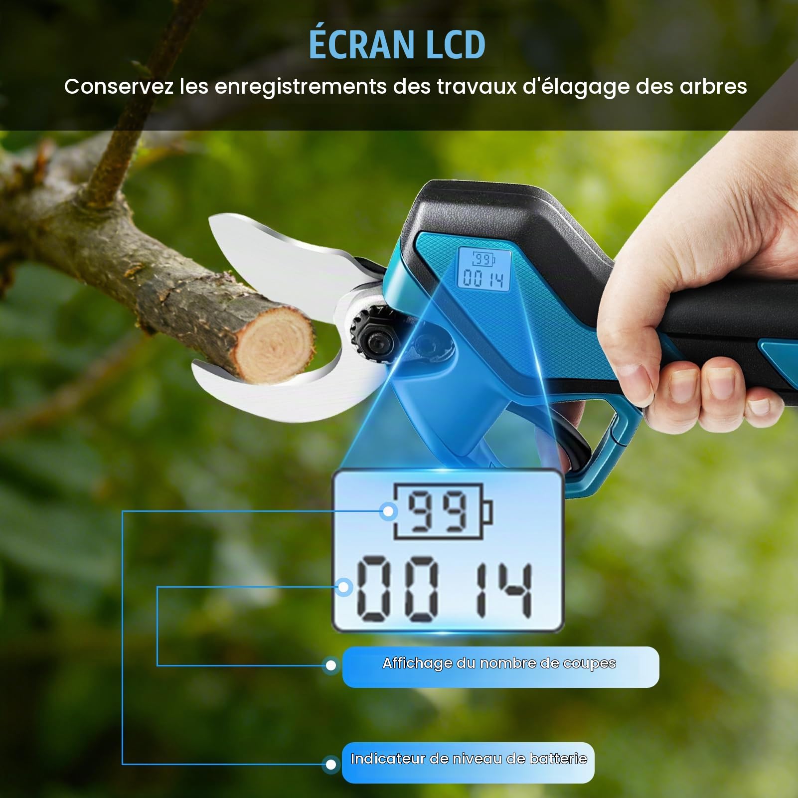Sécateur électrique sans fil 40 mm avec 2 batteries 21 V 2000 mAh, lames SK5, écran LED, sécateur professionnel sans balais pour jardin, branches, arbustes