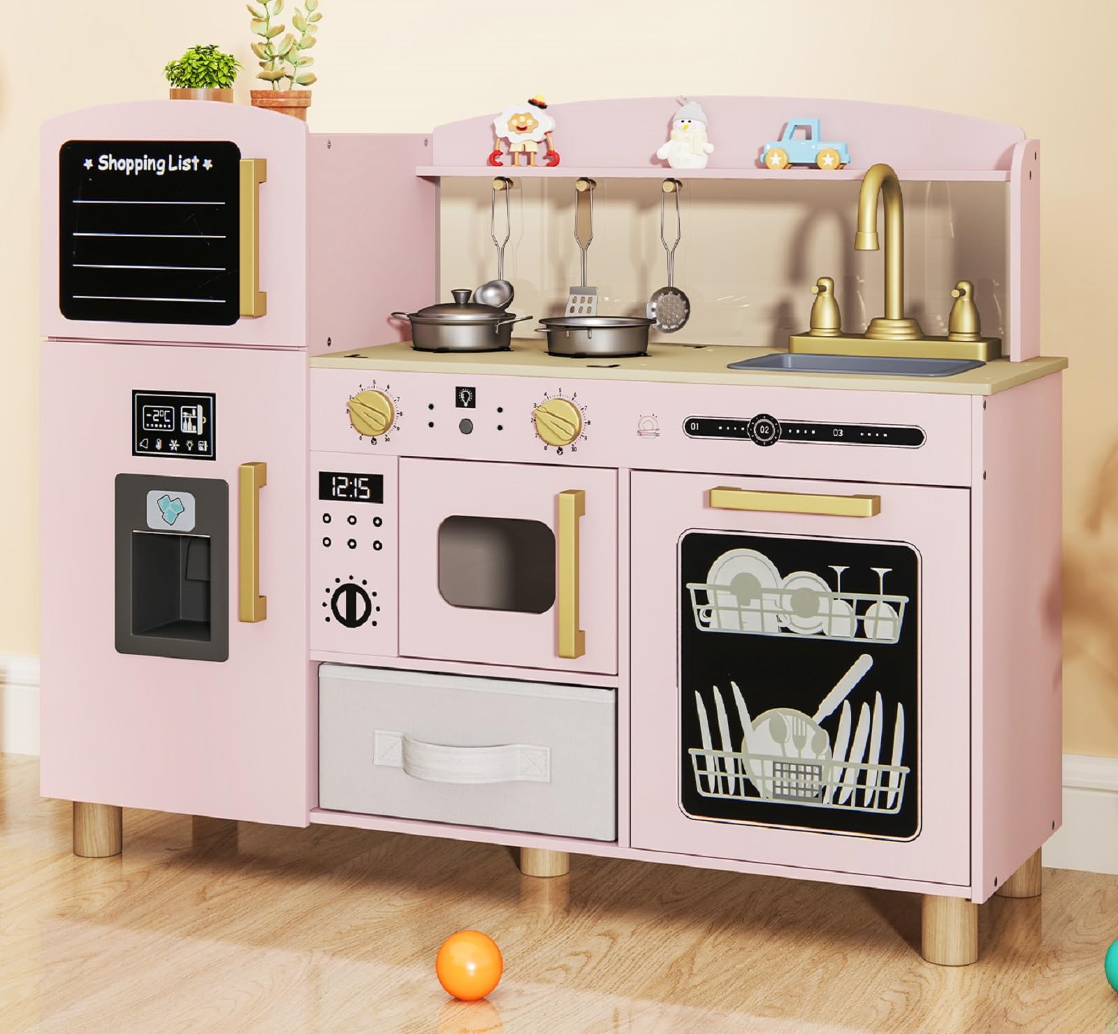 INFANS Play Kitchen for Kids, Wooden Pretend Playset with Acrylic Drawing Board Ice Maker Dishwasher Fabric Drawer, Toddler Cooking Toy Gift for Boys Girls (Pink)