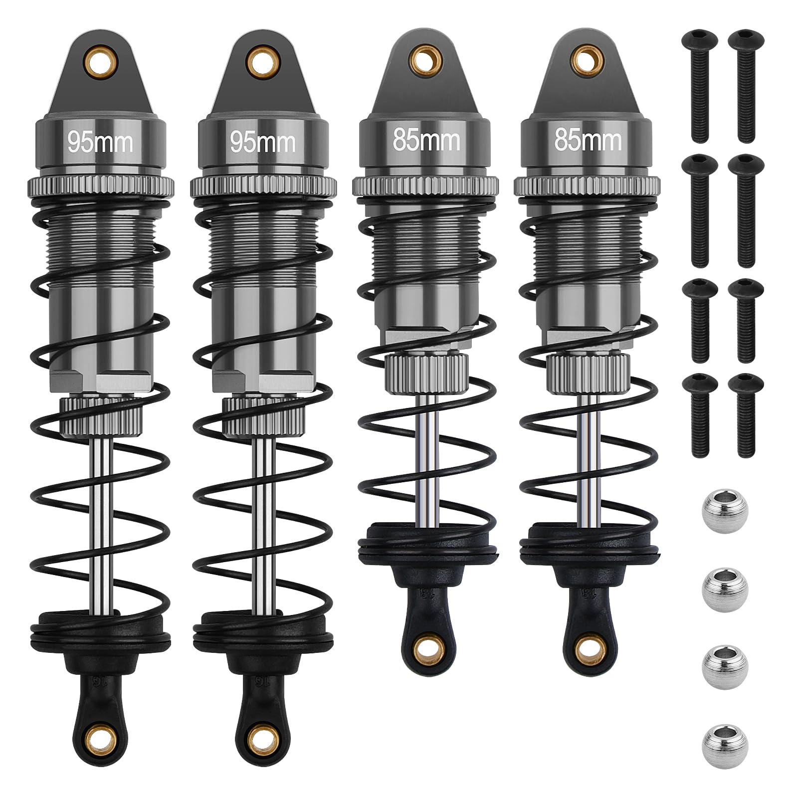 4Pcs RC Shocks Set 1:10 Scale Replacement Parts Fits for 1/10 1/12 WLtoys 104001,124019, Kyosho, Tamiya, Losi RC Buggy/Racing Cars-85mm Front Shocks & 95mm Rear Shocks (Gray)