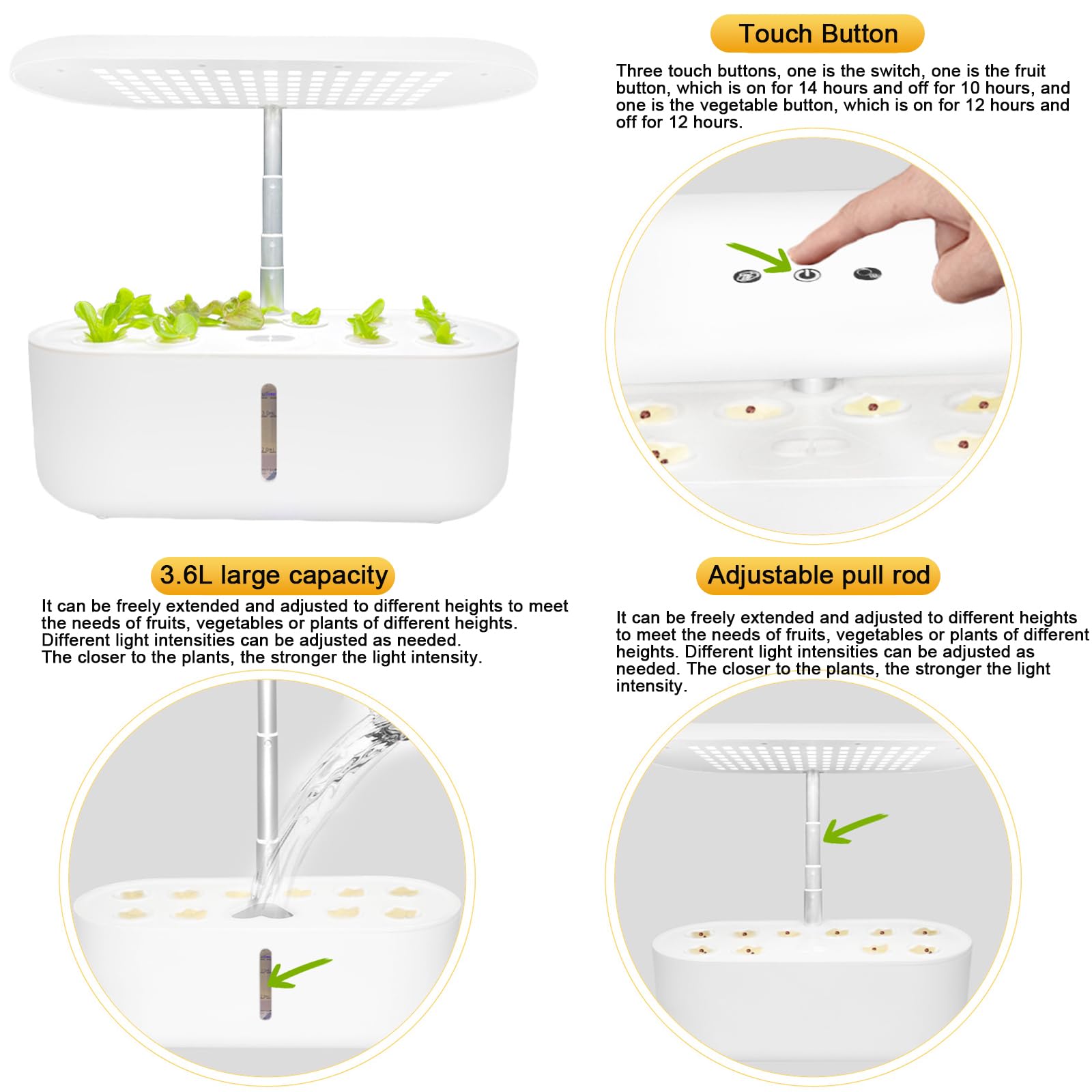 Jardin D'Plant Hydroponique, Lampe LED pour Plantes,10 Pods, Kit De Germination pour Jardin D'Herbes Aromatiques, SystèMe De Pompe Silencieux, éCran Tactilehauteur RéGlable (Blanc)