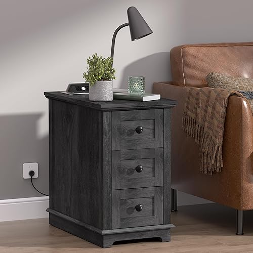 Miniatura 7 de HIFYOBRO Mesita de noche con estación de carga mesita de noche para dormitorio carga inalámbrica y puertos USB mesa auxiliar con estante de