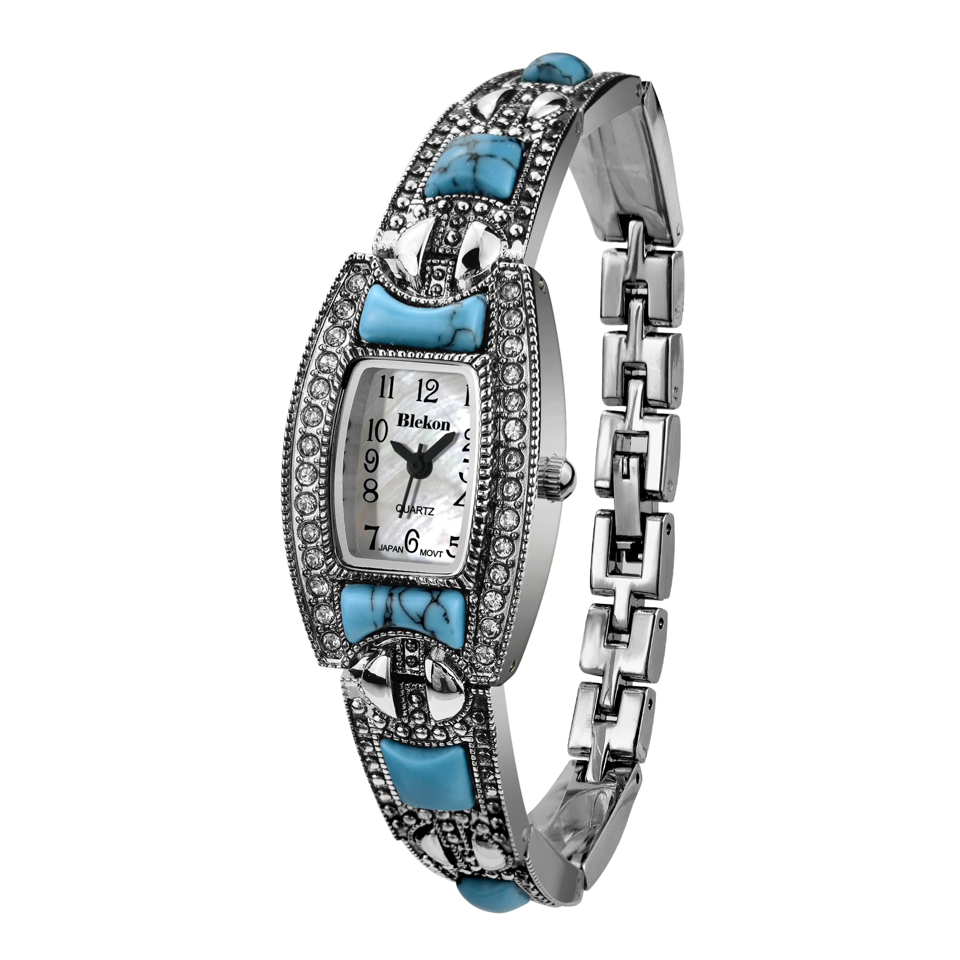Blekon Collections Japanese Quartz Ladies Square Stones 21mm Case Pearl Dial Metal Link Bracelet Fashion Watch (Silver Turquoise)