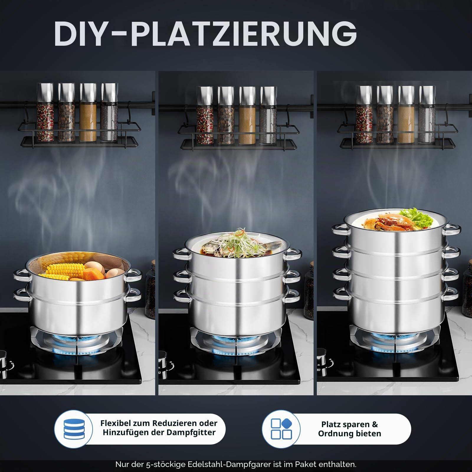 5-lagiger Edelstahl Dampfgarer mit Glasdeckel, Dampfkocher Schongarer für Induktion & Alle Herdarten, 0.5mm Wandstärke & 15kg Tragkraft pro Ebene, Gemüse Kartoffeldämpfer Steamer (28cm)