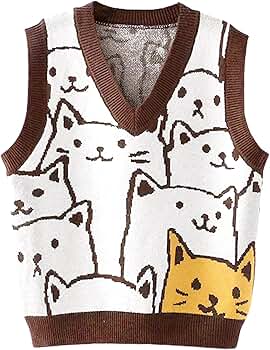 Arssm Womens Cat Print Pullover Sweater Vest V Neck