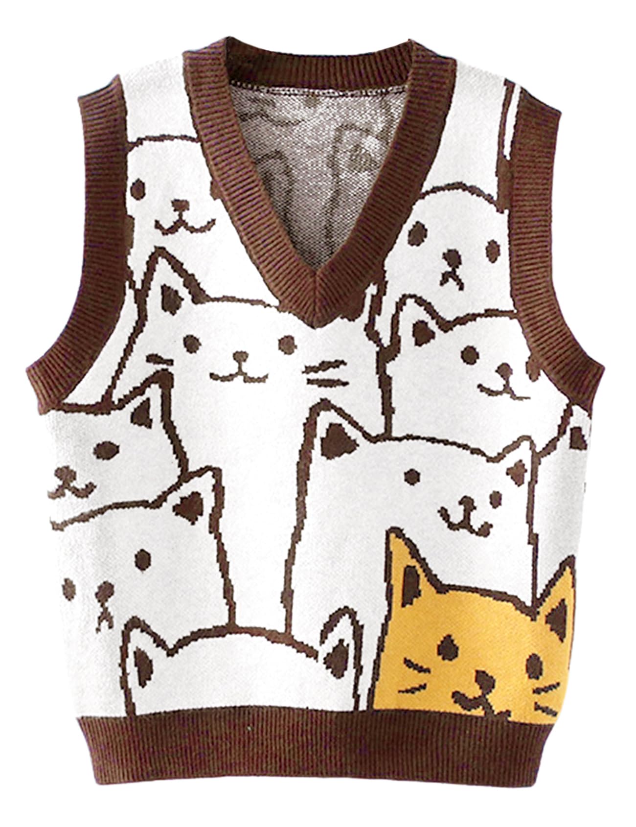 Arssm Womens Cat Print Pullover Sweater Vest V Neck Sleeveless Knit Vests 2025 Pullover Knitted Tank Top