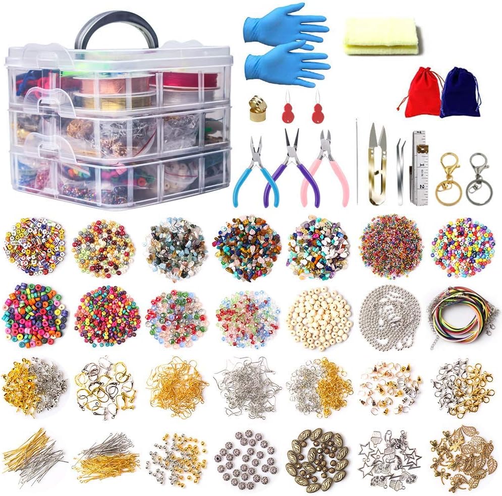 DIY Jewelry Making Supplies Kit,6971pcs Irregular Crystal Chips Gemstone Beads with Jewelry Spacer Faceted Beads Pliers Scissors Waxed Rope Jump Rings Elastic String for Bracelet Earring Making