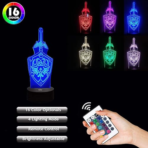 Miniatura 2 de Lámpara de noche de ilusión 3D Legend of Zelda con control remoto y táctil señal de espada y escudo de Zelda Link lámpara de mesa RGB para