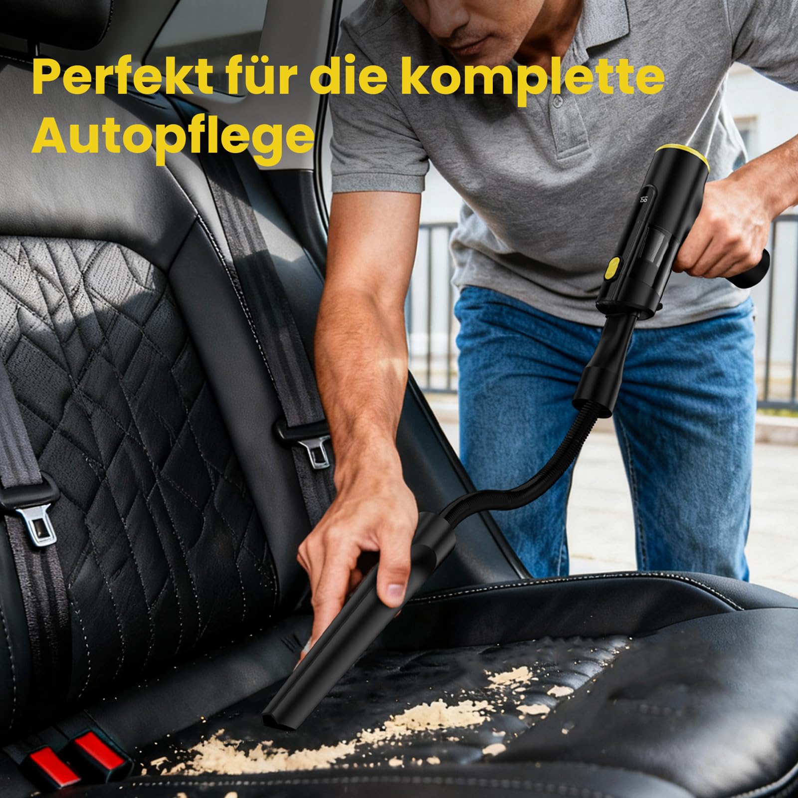 Handstaubsauger Akku Kabellos, 28000Pa Mini Autostaubsauger Stark Saugend, 7800mAh, 60 Min Laufzeit, 3-in-1 mit LED-Display und Bürstenlosem Motor für Auto, PC, Sofa, Küche