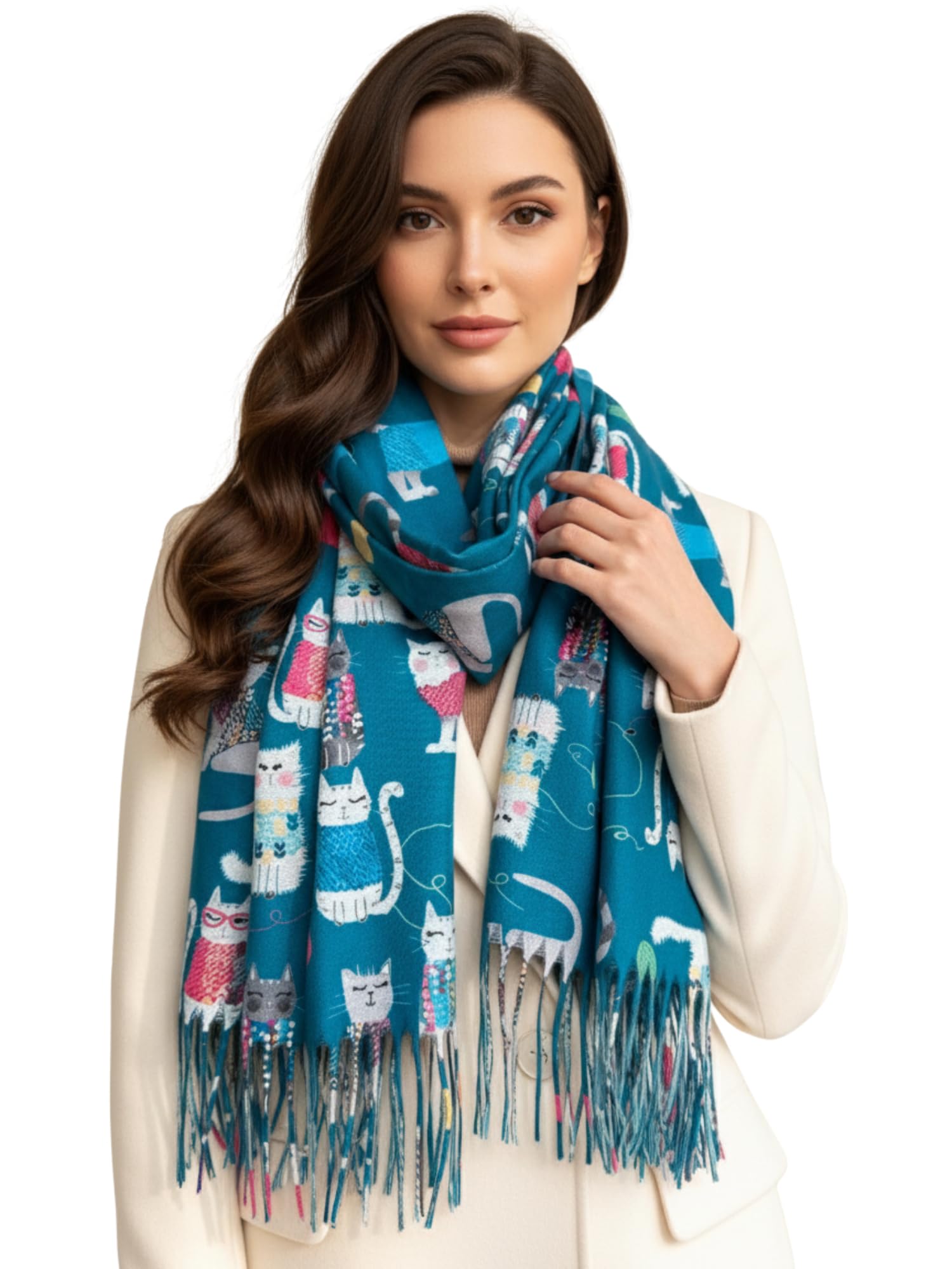 The Accessory Co. Fun Cat Scarf, Cat Gift for Cat Lover - Womens Scarf Lightweight Shawl Wrap, Ladies Pashmina Scarves for Spring Summer Winter - Gift for Her, Birthday, Mothers Day (Turquoise Cats)