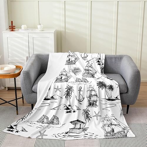 Miniatura 16 de Castle Fairy Manta náutica de franela de velero, manta de hoja de palma para niños, niñas, niños y adolescentes, manta de vellón tropical de Velero