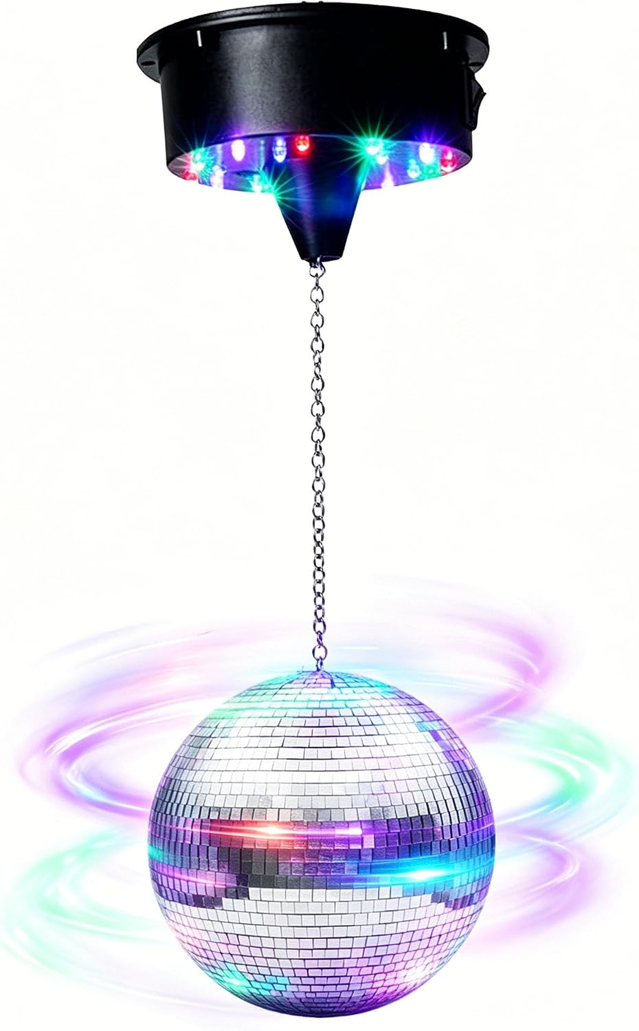 Hanging Disco Ball with Motor,USB/Battery Powered 5RPM Rotating Motor with 18 LED Beads 4 Light Colors,Reflective Light Mirror Balls for DJ Club Party,Wedding,70s Music Festival (8")