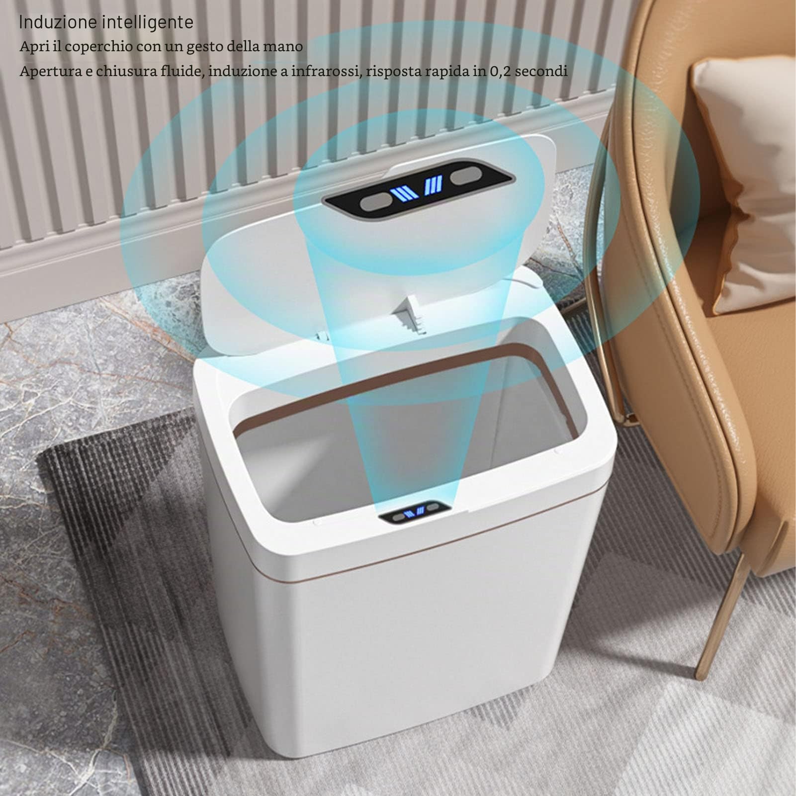 Pattumiera Intelligente da 18 Litri, Pattumiera con Sensore di Movimento a Batteria - Pattumiera da Bagno Bianca con Coperchio - a Tenuta Stagna Ed Elegante