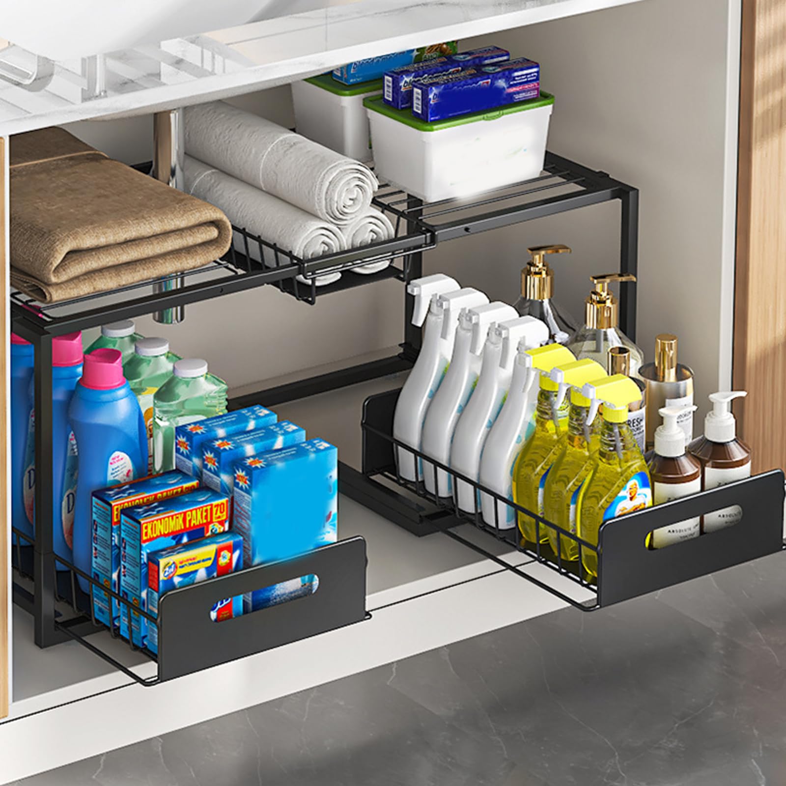 Organizer per mobiletto sottolavello a 2 ripiani, lunghezza regolabile, 65-73 cm, estensibile con 2 cassetti, in metallo, per cucina e bagno
