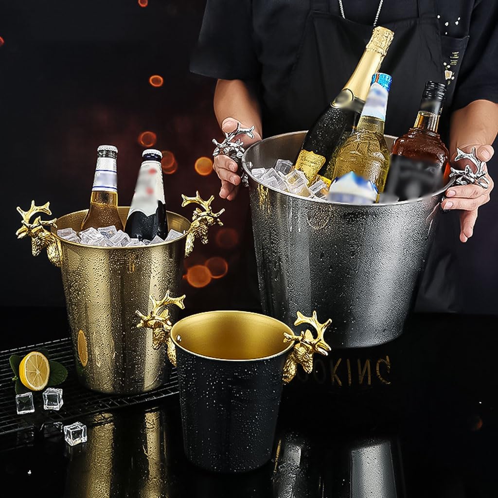 Beer Bucket - Refrigeratore isolato per spumante con manico a testa di cervo in metallo, acciaio inox, 5 litri, per cocktail, vino, bar di casa, refrigeratore per bevande per interni o esterni (oro, 5