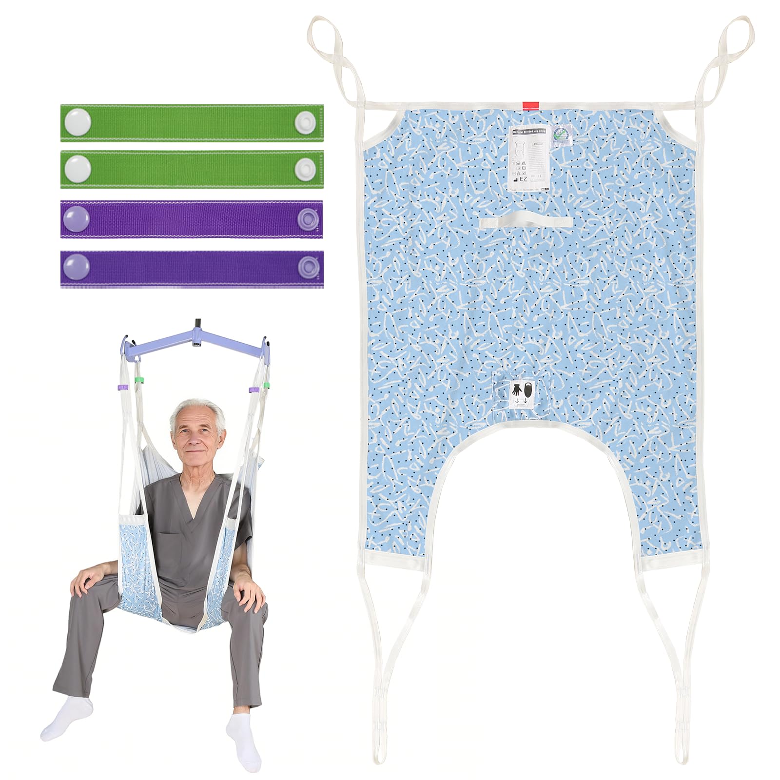 Patient Lift Geteilter Bein-Gurt mit Lendenstütze, Patientenhubgurt für Transfer, Lagerung und Heben, Tragfähigkeit 500 lbs (Einfache blaue Streifen, Groß)