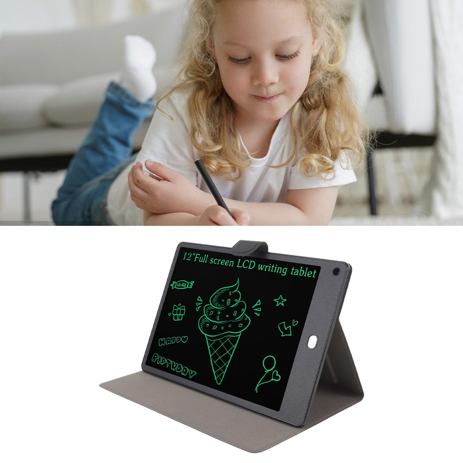 Tablet di Scrittura LCD per Adulti, Tablet da Disegno a Schermo Intero 12 Pollici, Cuscinetto Elettrico a Mano, Blocco Digitale Cancellabile Riutilizzabile con Penna, Case PU